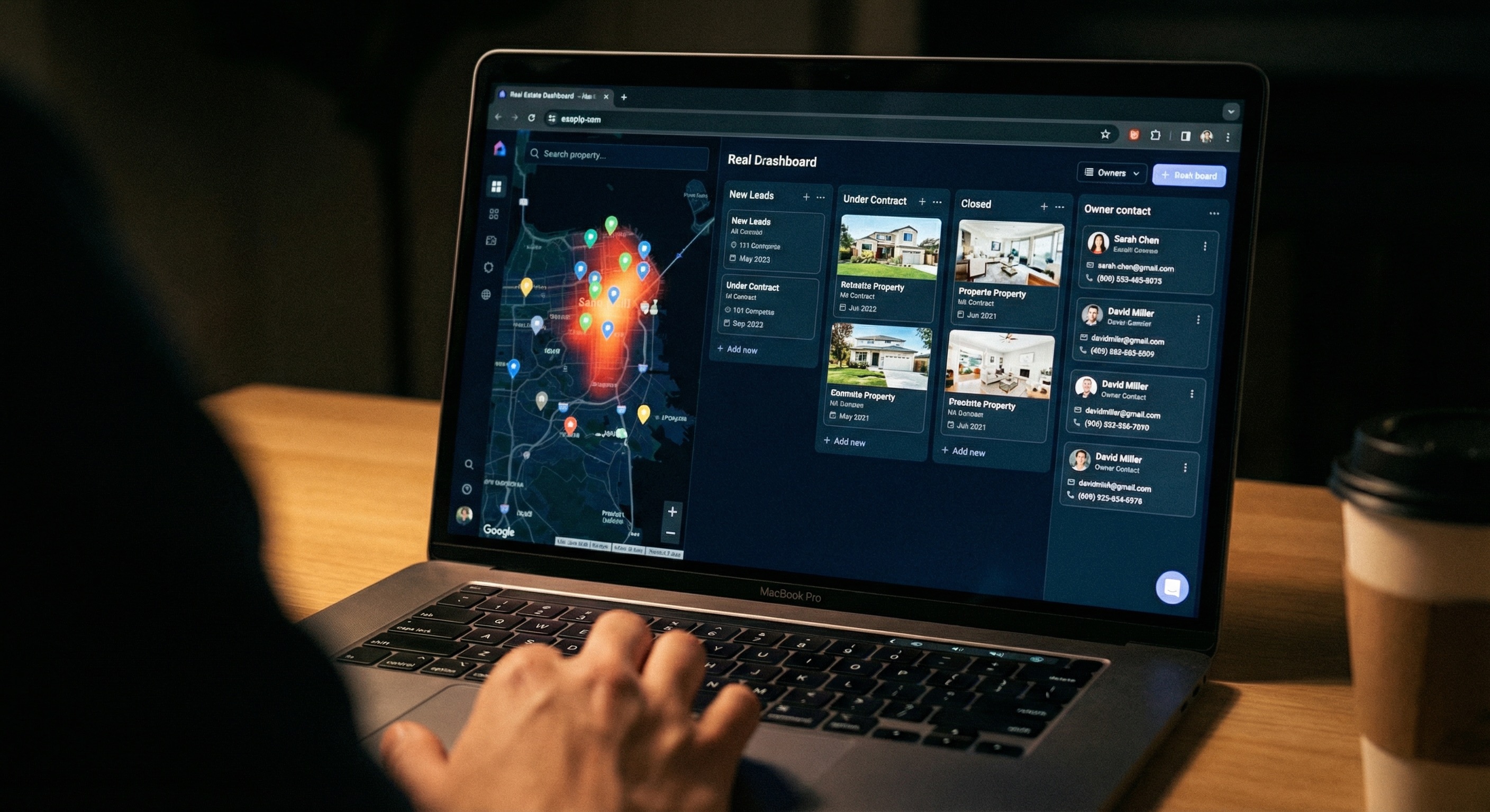 Real estate investment dashboard with property map pins, distress signal heatmap, and deal pipeline