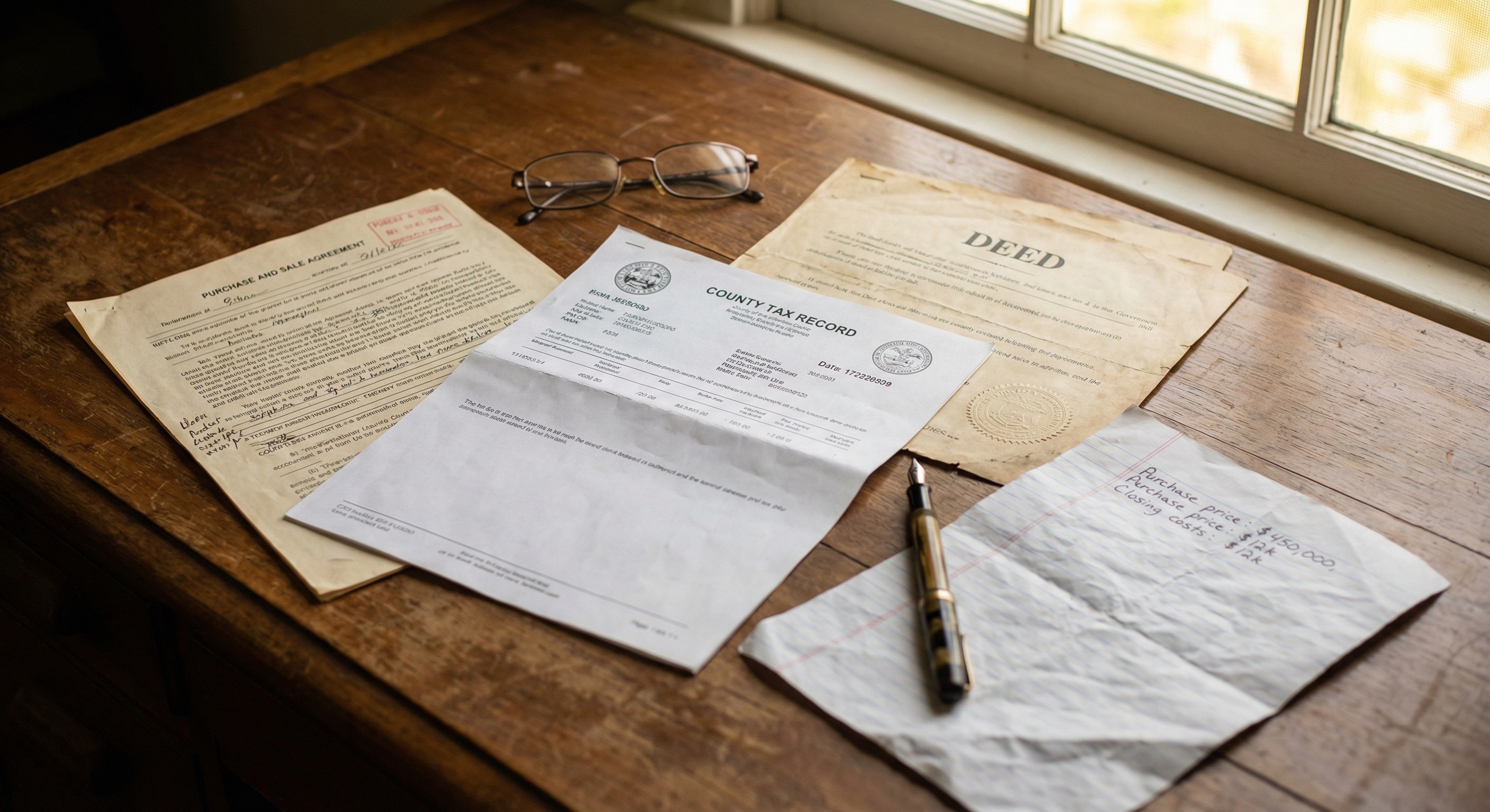 Legal real estate documents spread across a desk including contracts, deeds, and tax records
