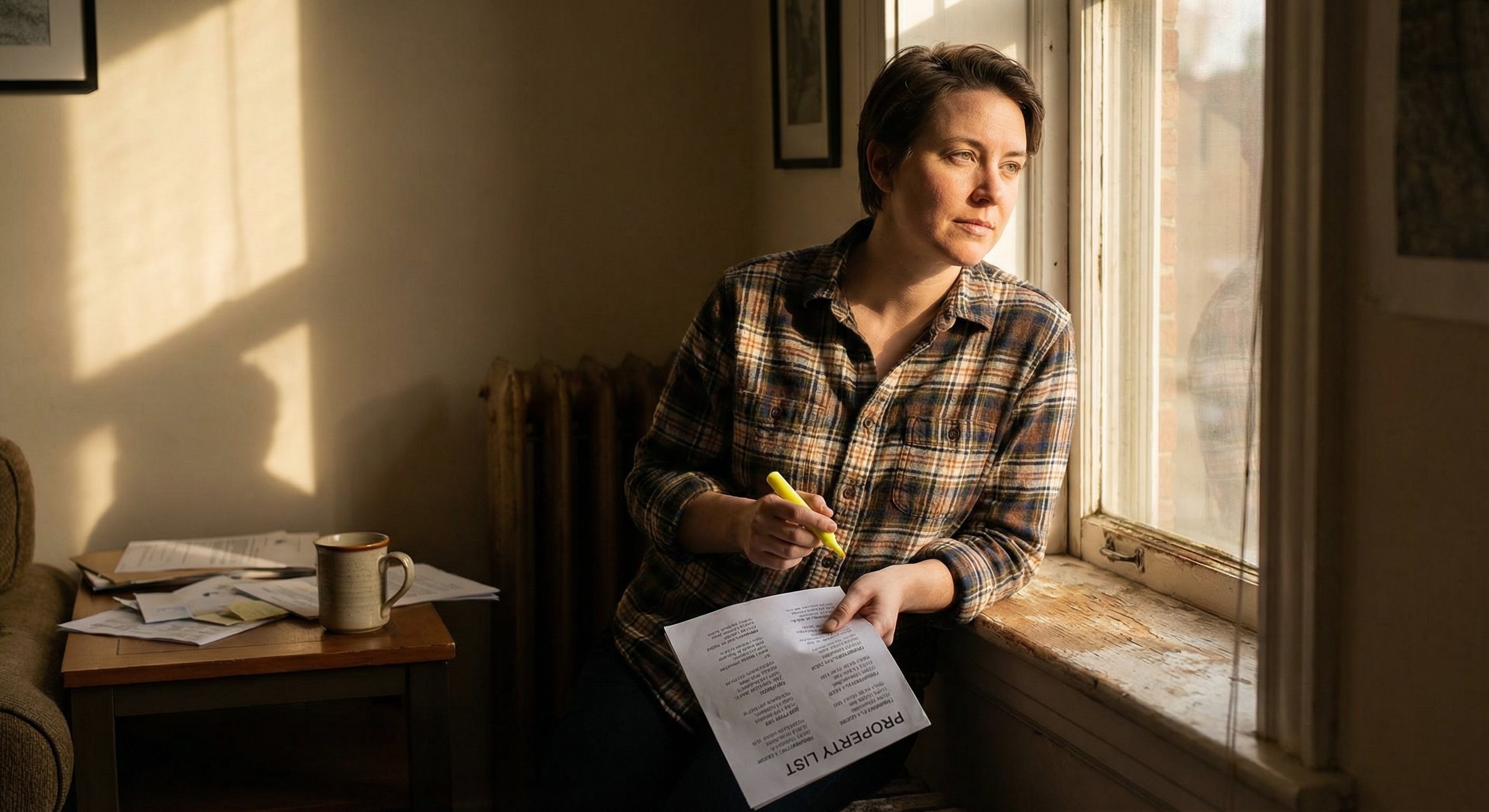 A person reviewing a property list with a highlighter in a late-lit apartment