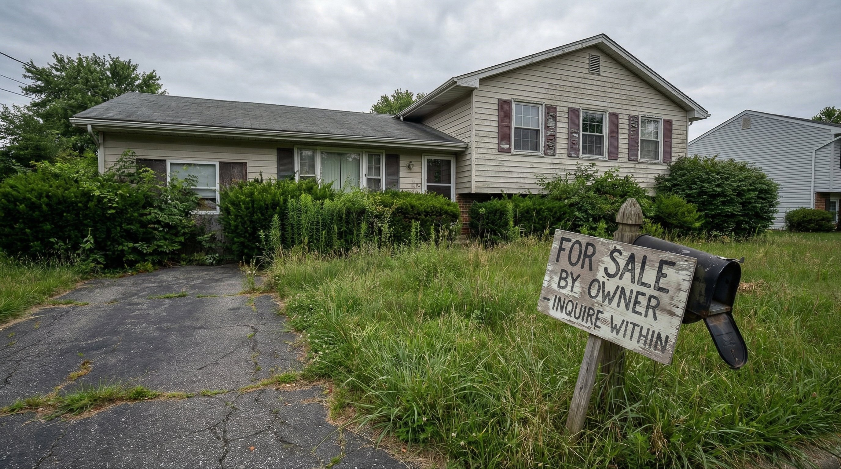 A suburban home with a weathered For Sale By Owner sign in an overgrown lawn