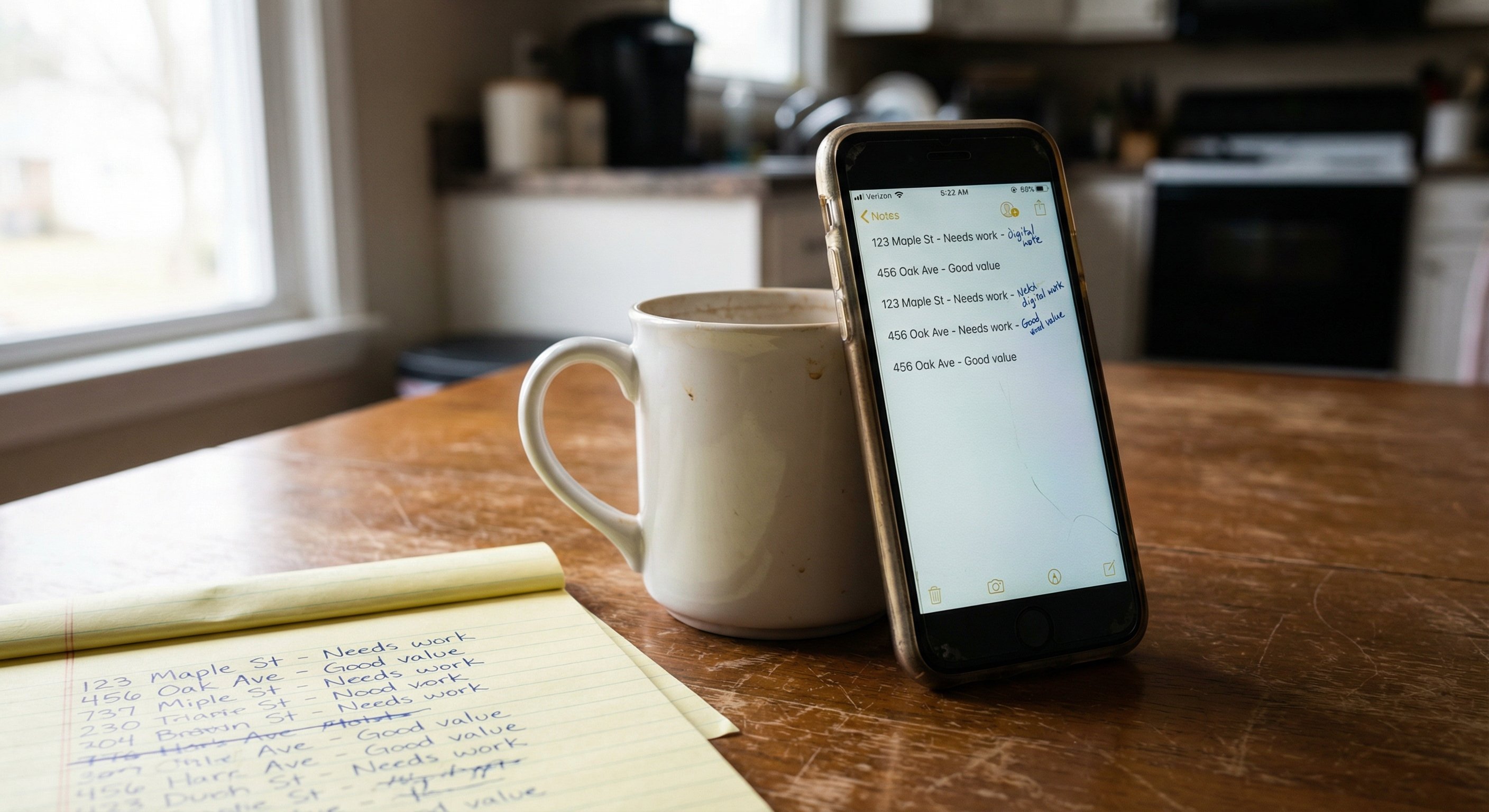 A phone displaying property addresses and handwritten notes on a kitchen table beside a coffee mug