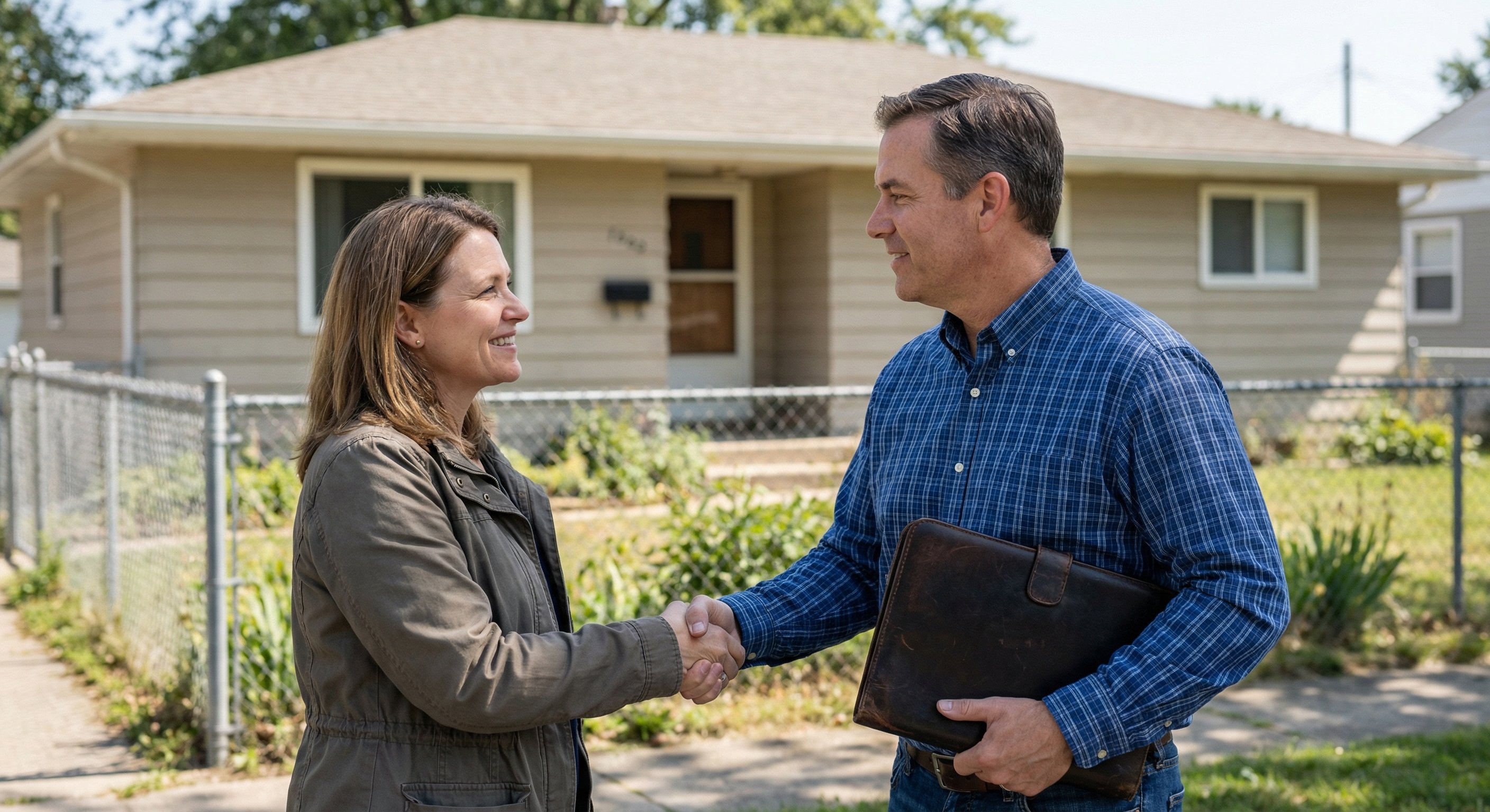 Two people shaking hands in front of a residential property, one holding a portfolio folder