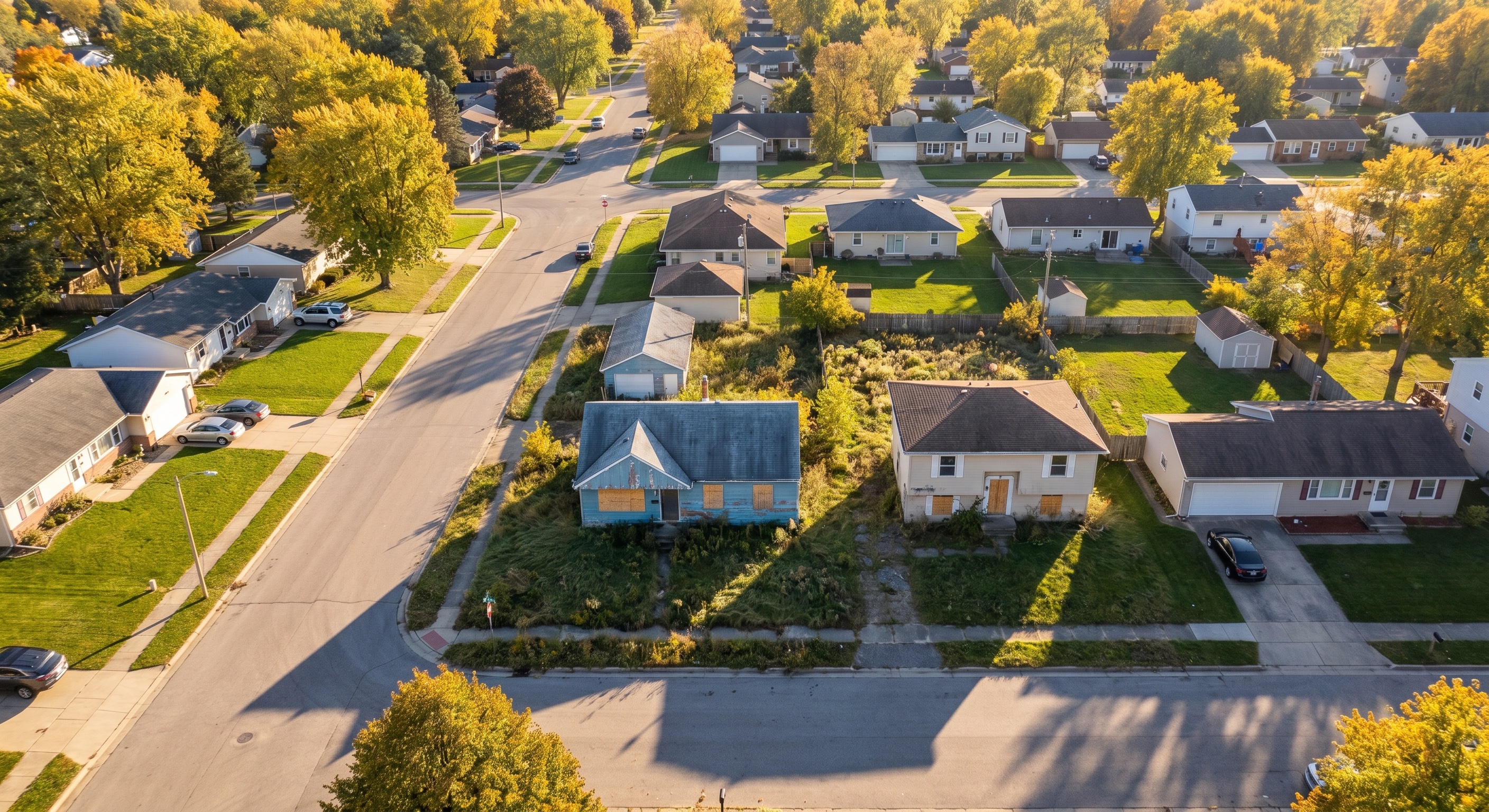 Aerial view of a suburban neighborhood with distressed properties showing mixed conditions — pre-foreclosure and renovated homes side by side