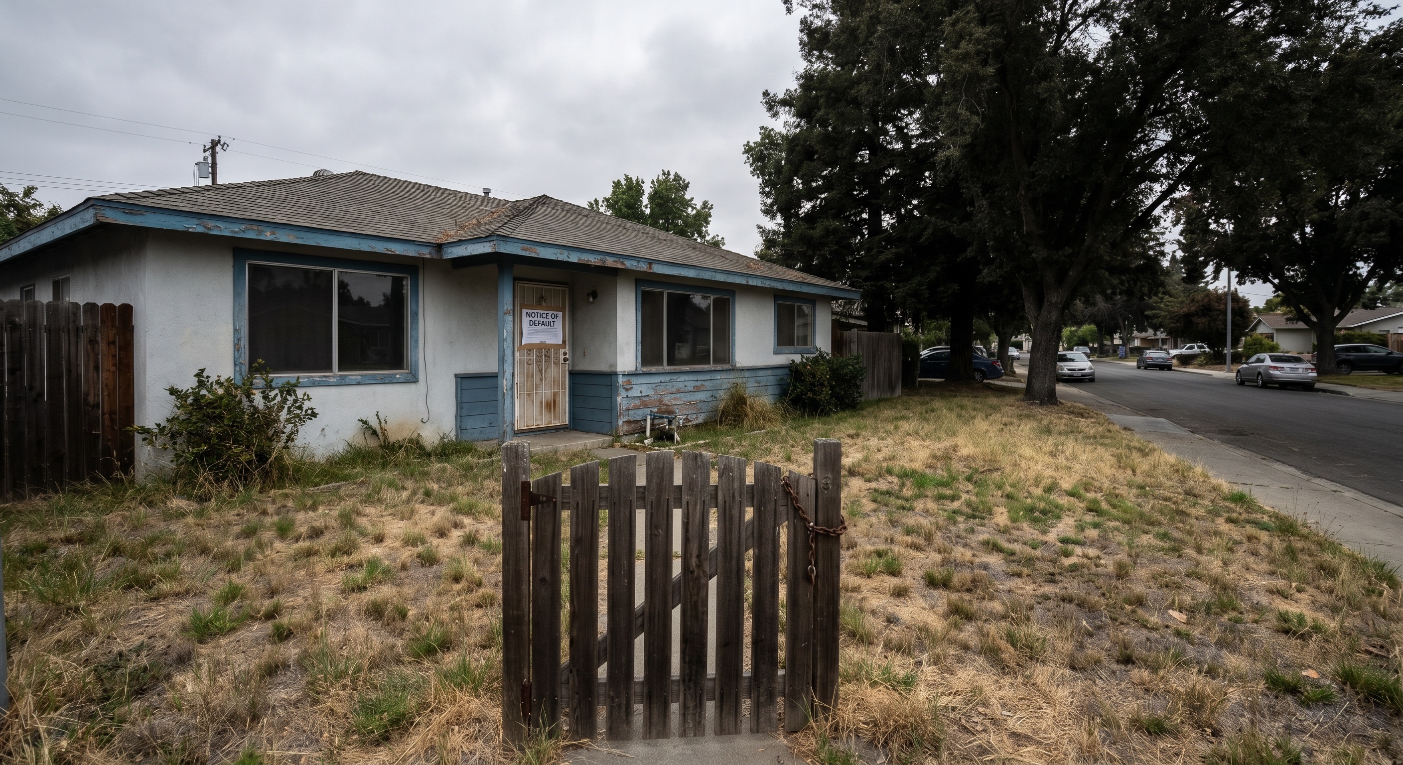 Street-level view of a pre-foreclosure property with overgrown lawn and official notice on door — the kind of deal that makes BRRRR work