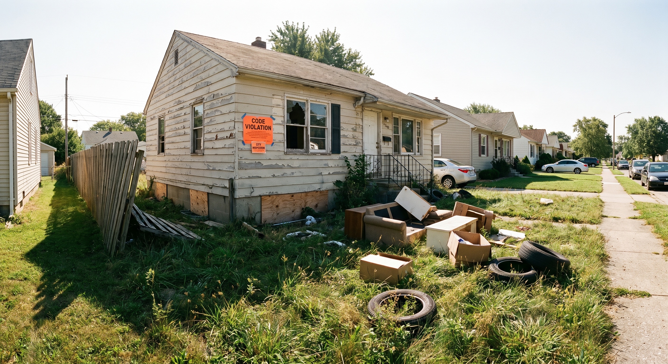 Tax delinquent property with visible code violations — exterior deferred maintenance, notice posted, the type of property available at BRRRR-grade discounts