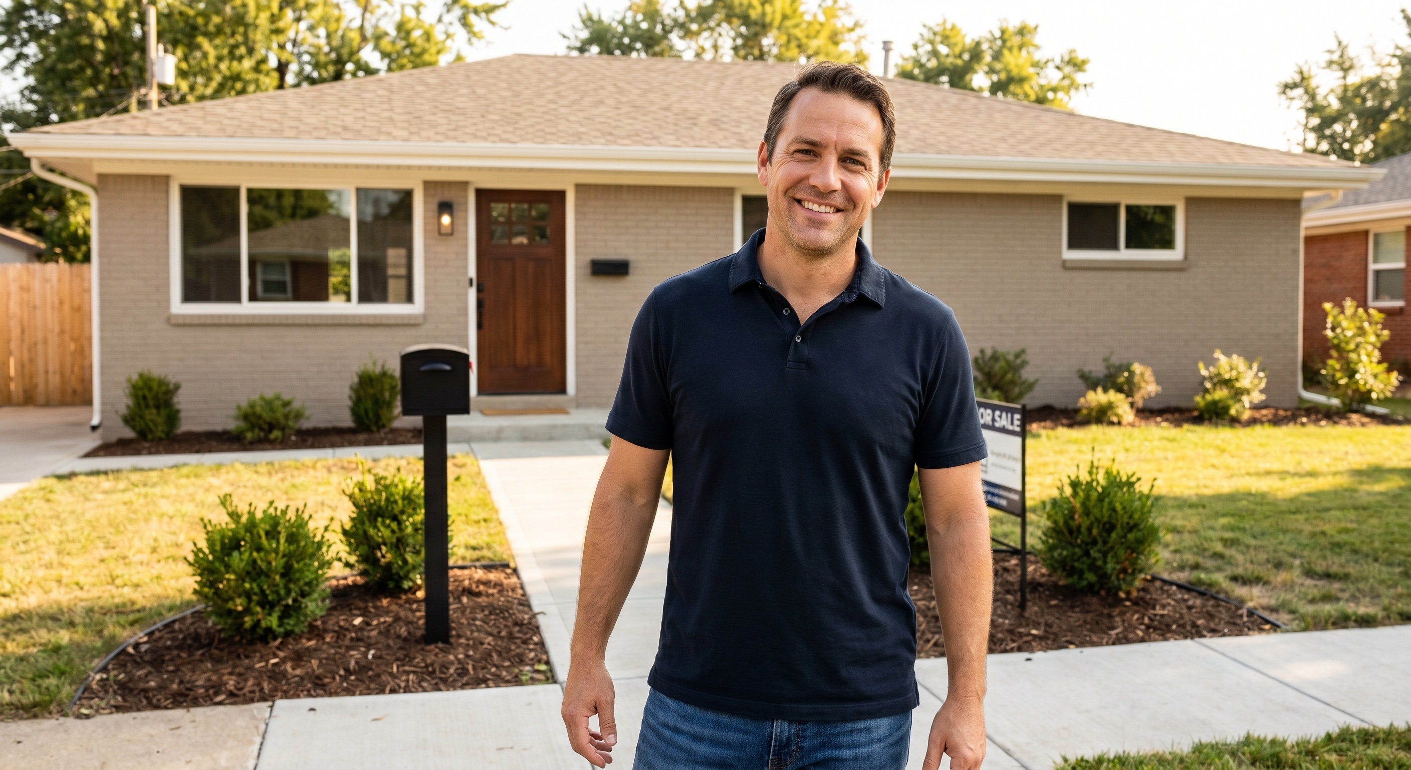 Real estate investor standing in front of a successfully renovated BRRRR property — the end result of a well-executed deal