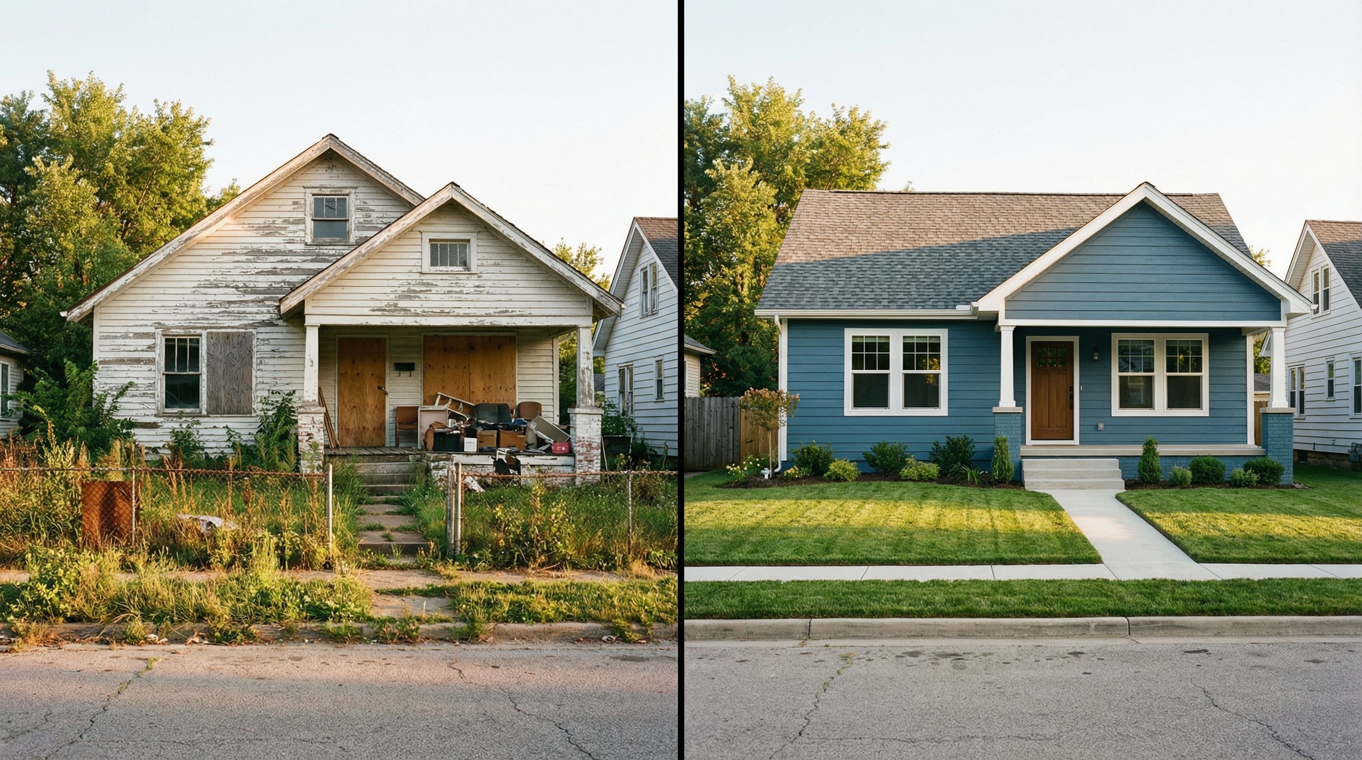 Before and after renovation split showing distressed property transformed into a quality rental