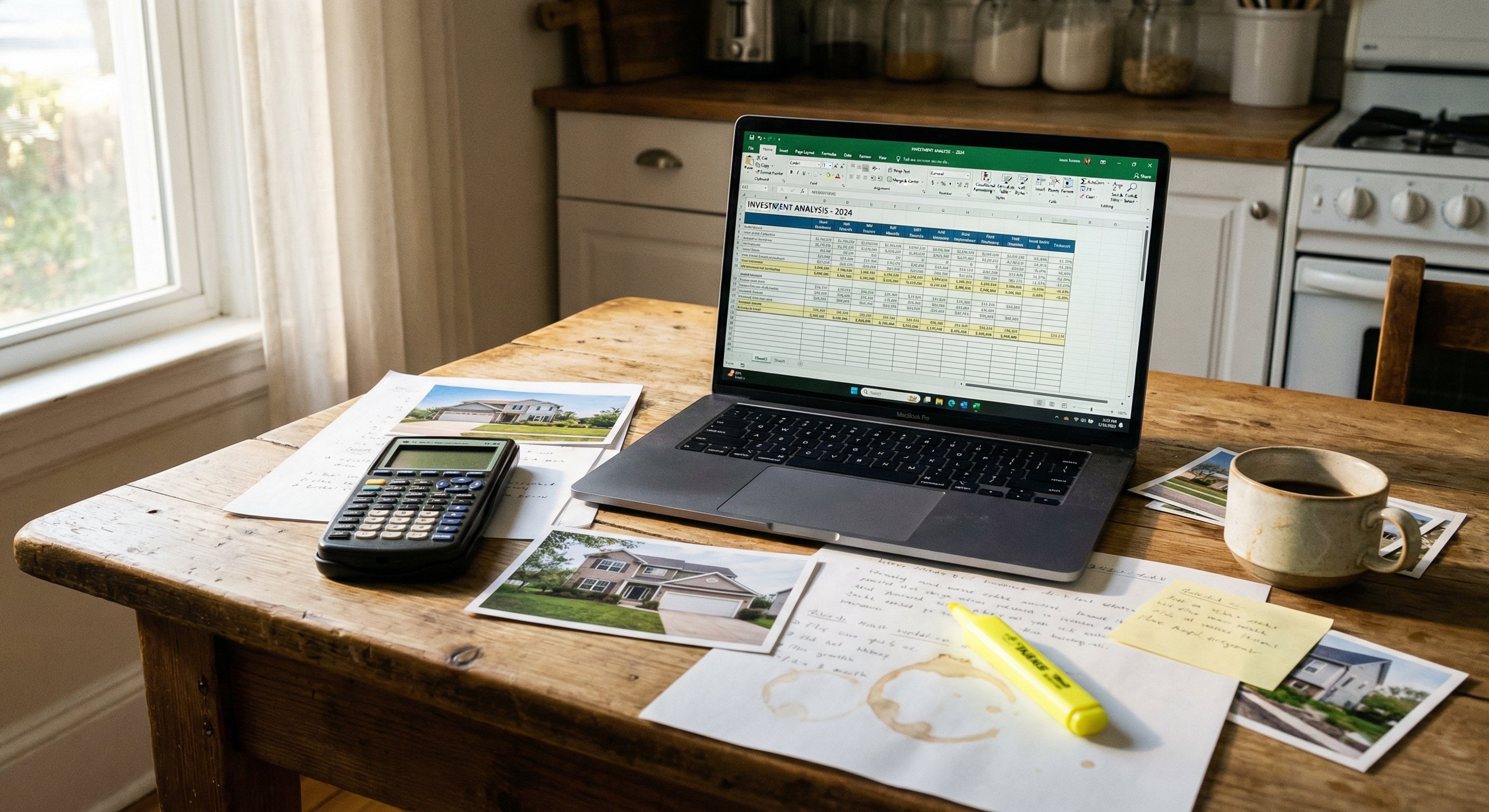 Property analysis spreadsheet with renovation costs and rental estimates on a kitchen table
