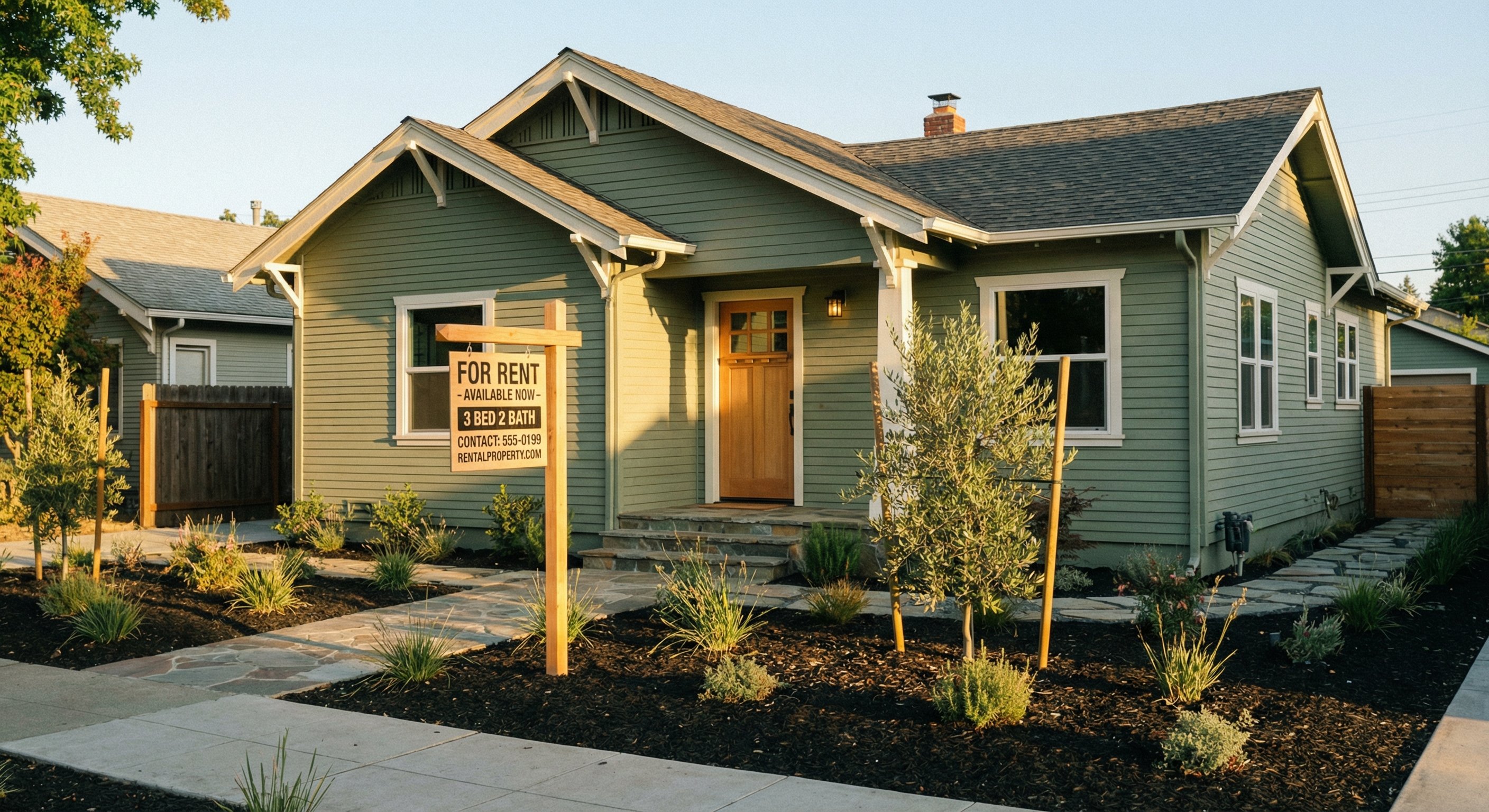 A single-family home with a For Rent sign in the front yard, freshly renovated exterior