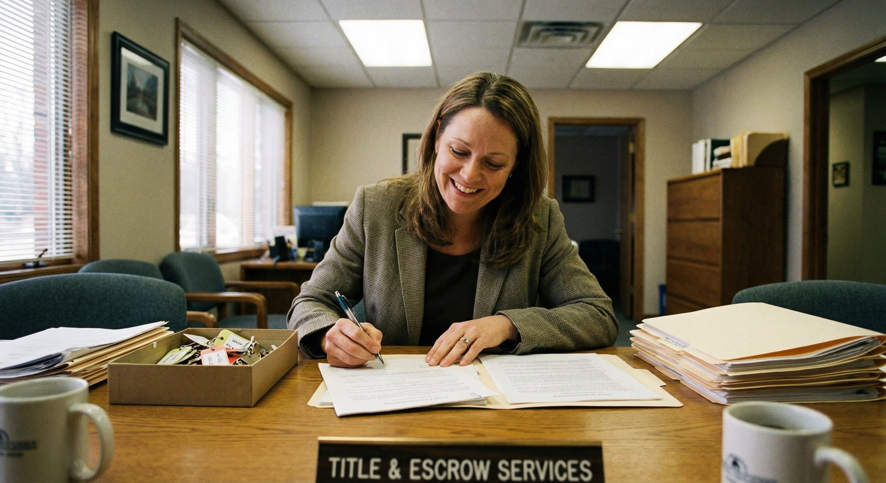 Investor signing closing documents at a title company with keys and property files on the table