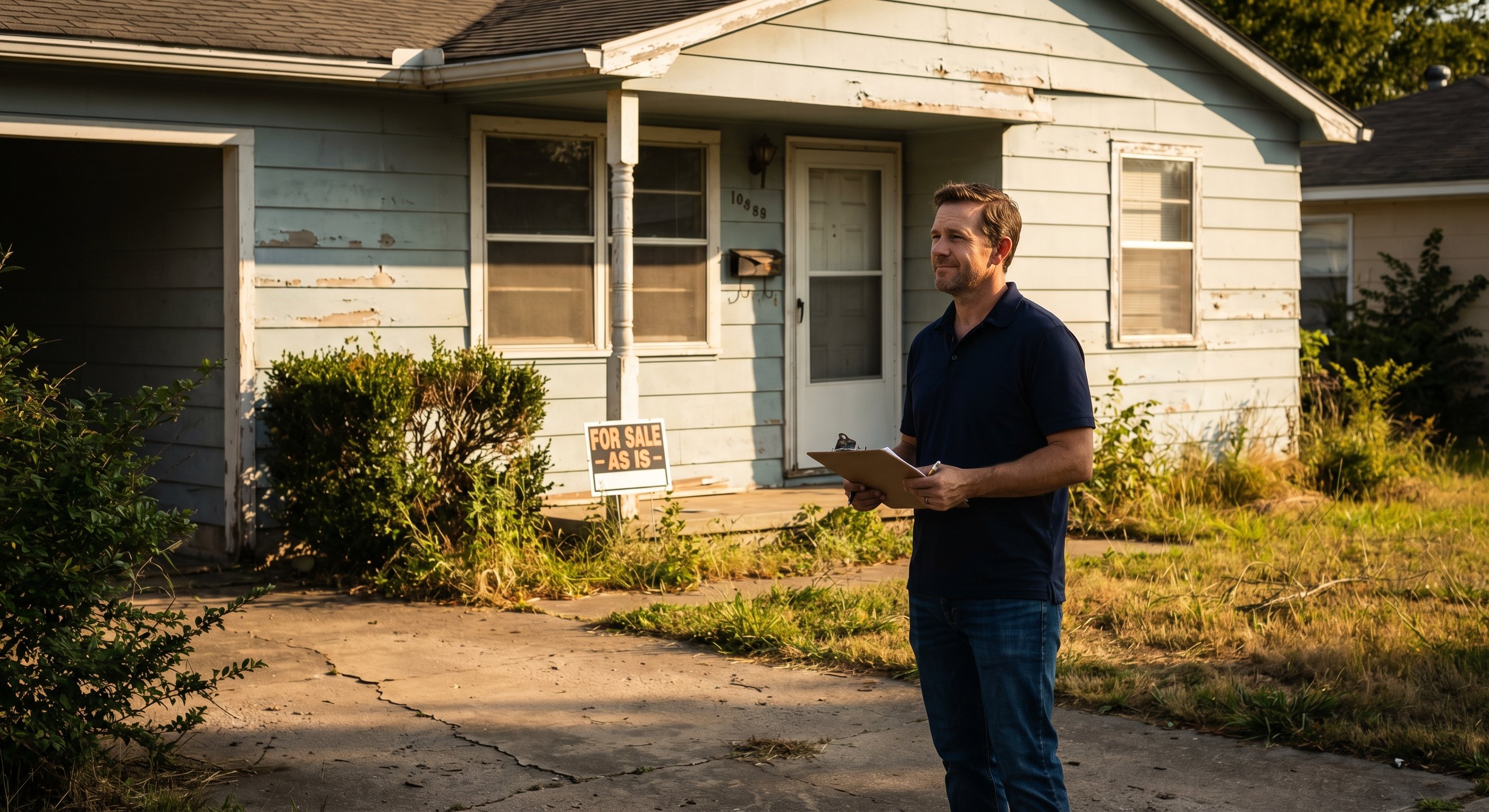 Cash home buyers at a distressed property exterior, evaluating the home on a overgrown lot