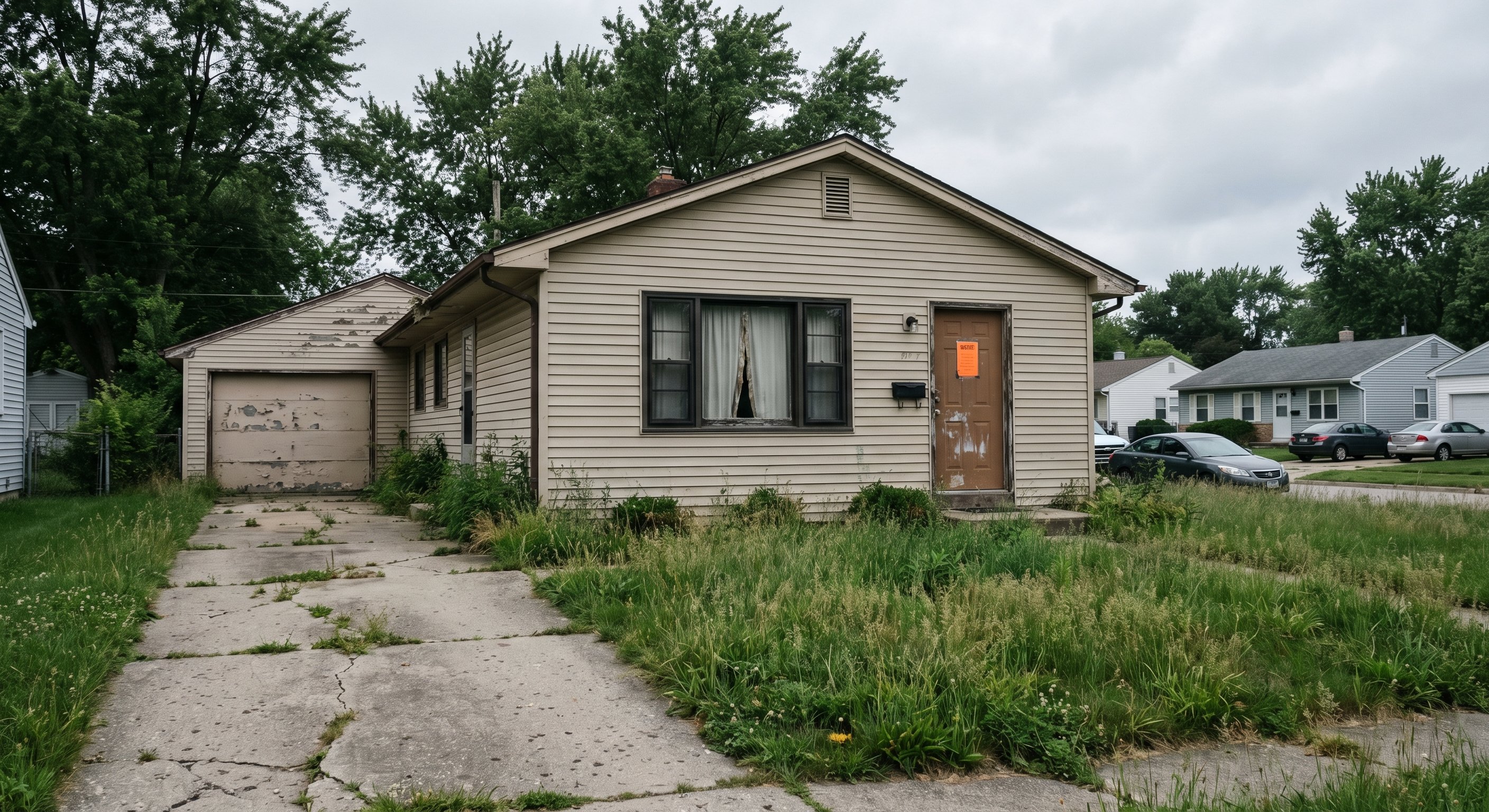 A 1970s ranch home showing clear signs of neglect with a pre-foreclosure notice posted on the front door