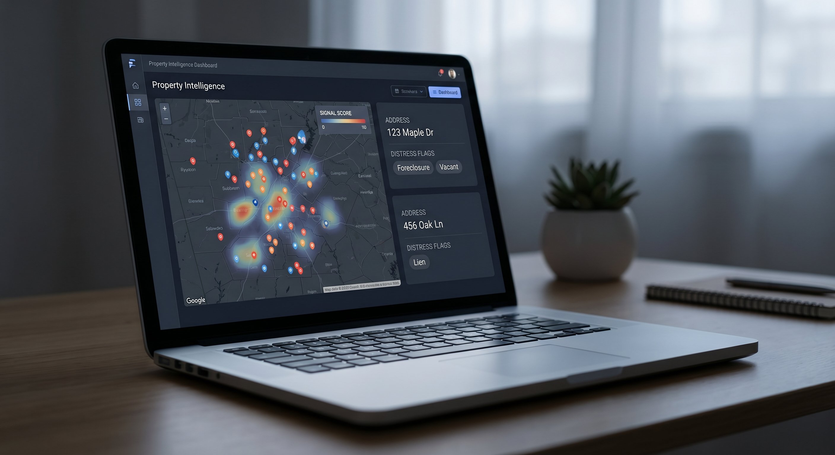 Property intelligence dashboard showing distressed signal map with pins across a suburban county