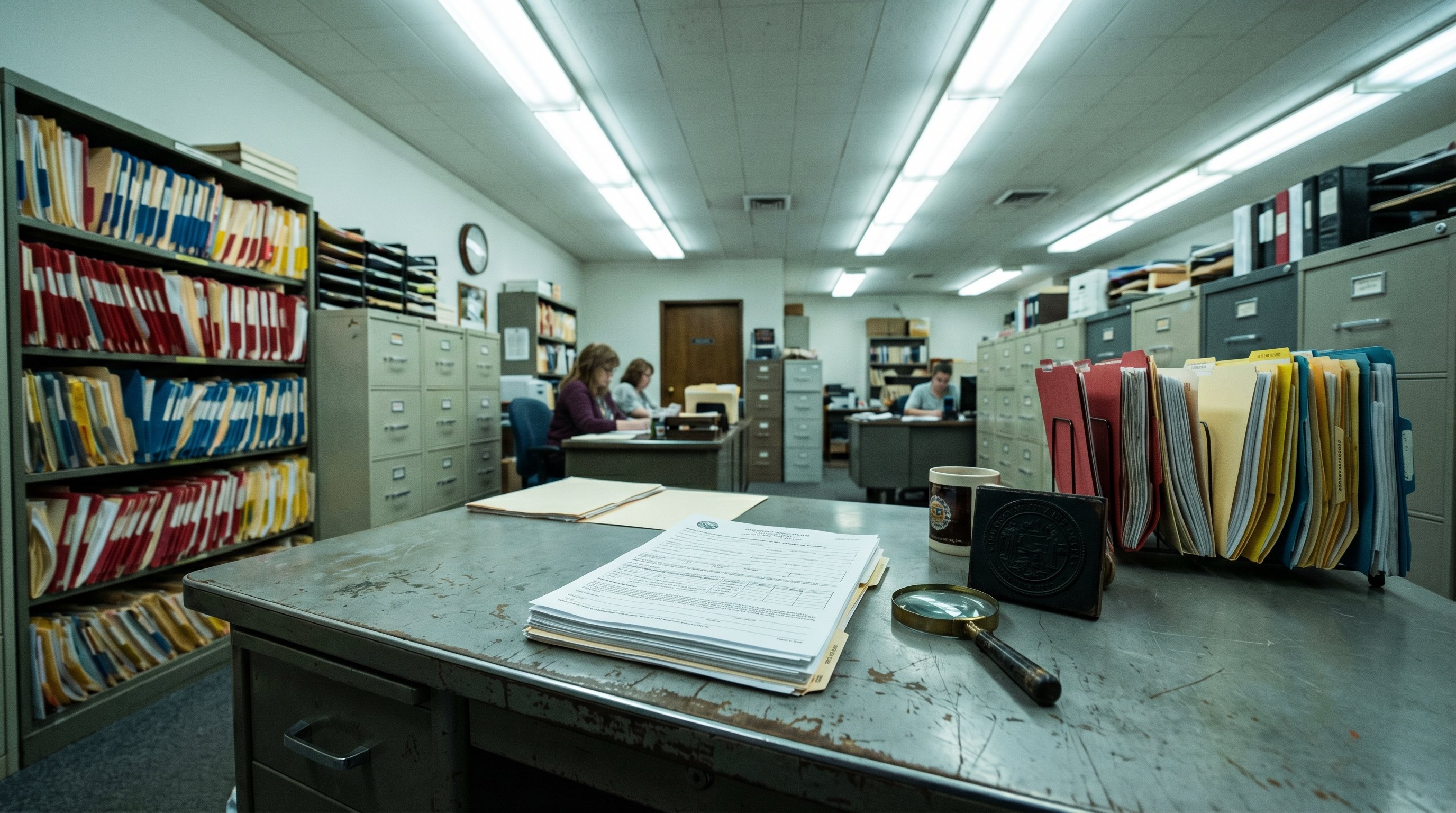 County assessor office interior with property records and color-coded filing system