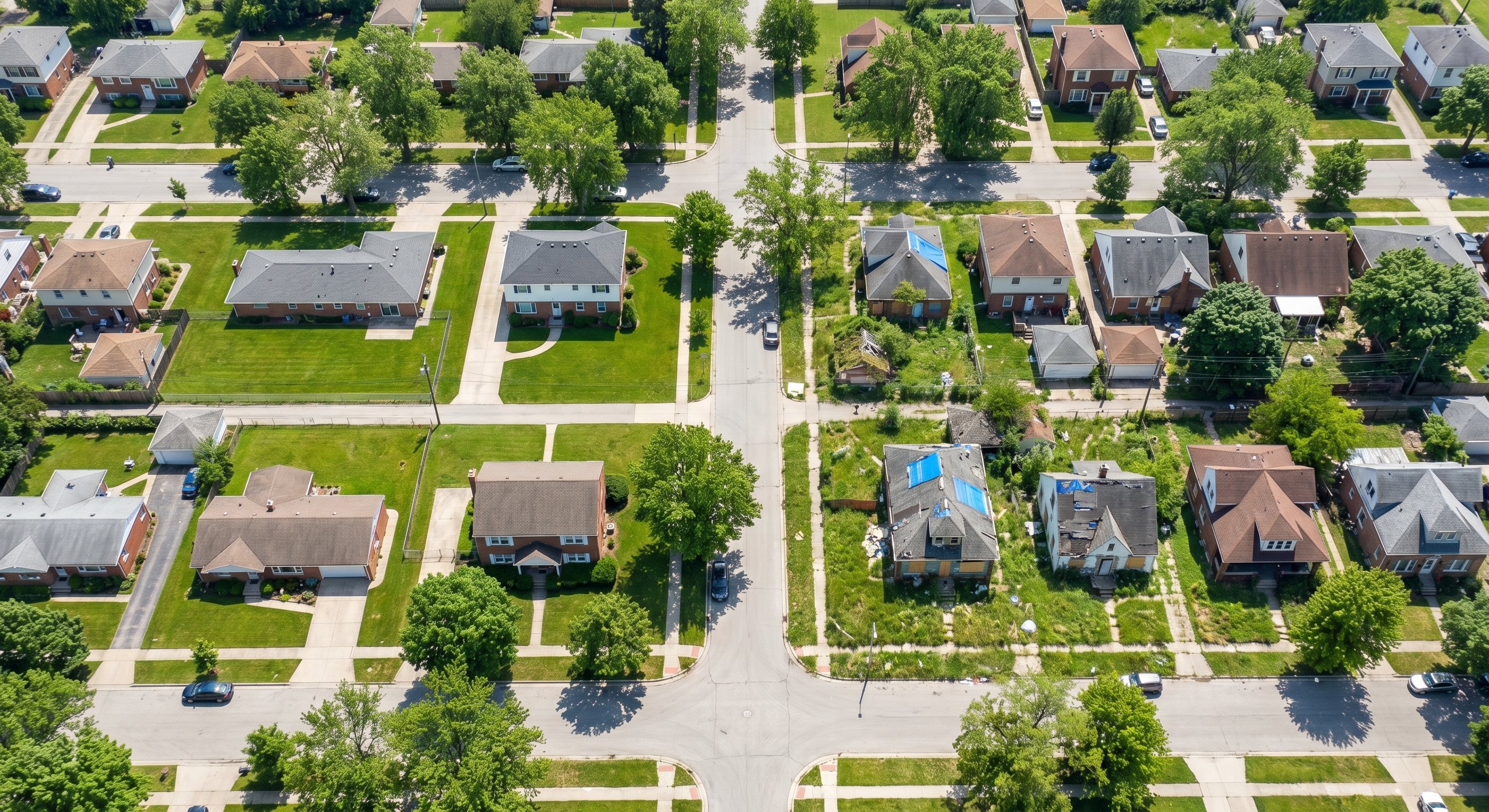 Aerial view of a suburban neighborhood showing disparity between well-maintained and clearly neglected properties