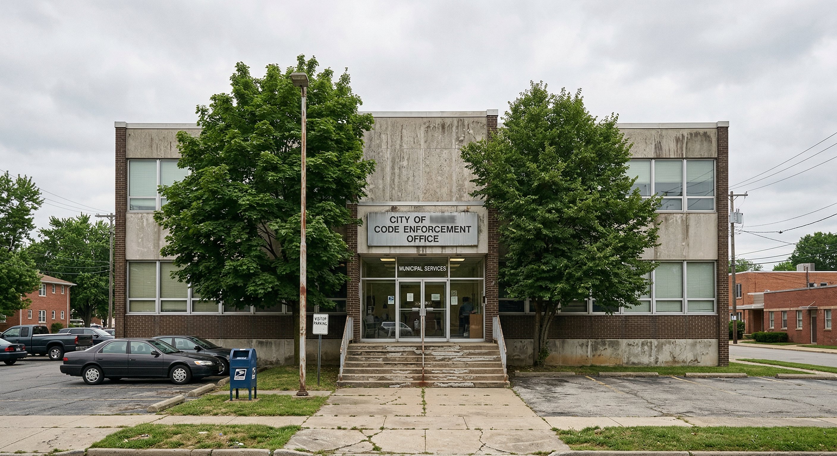 Exterior of a municipal code enforcement building with public records signage