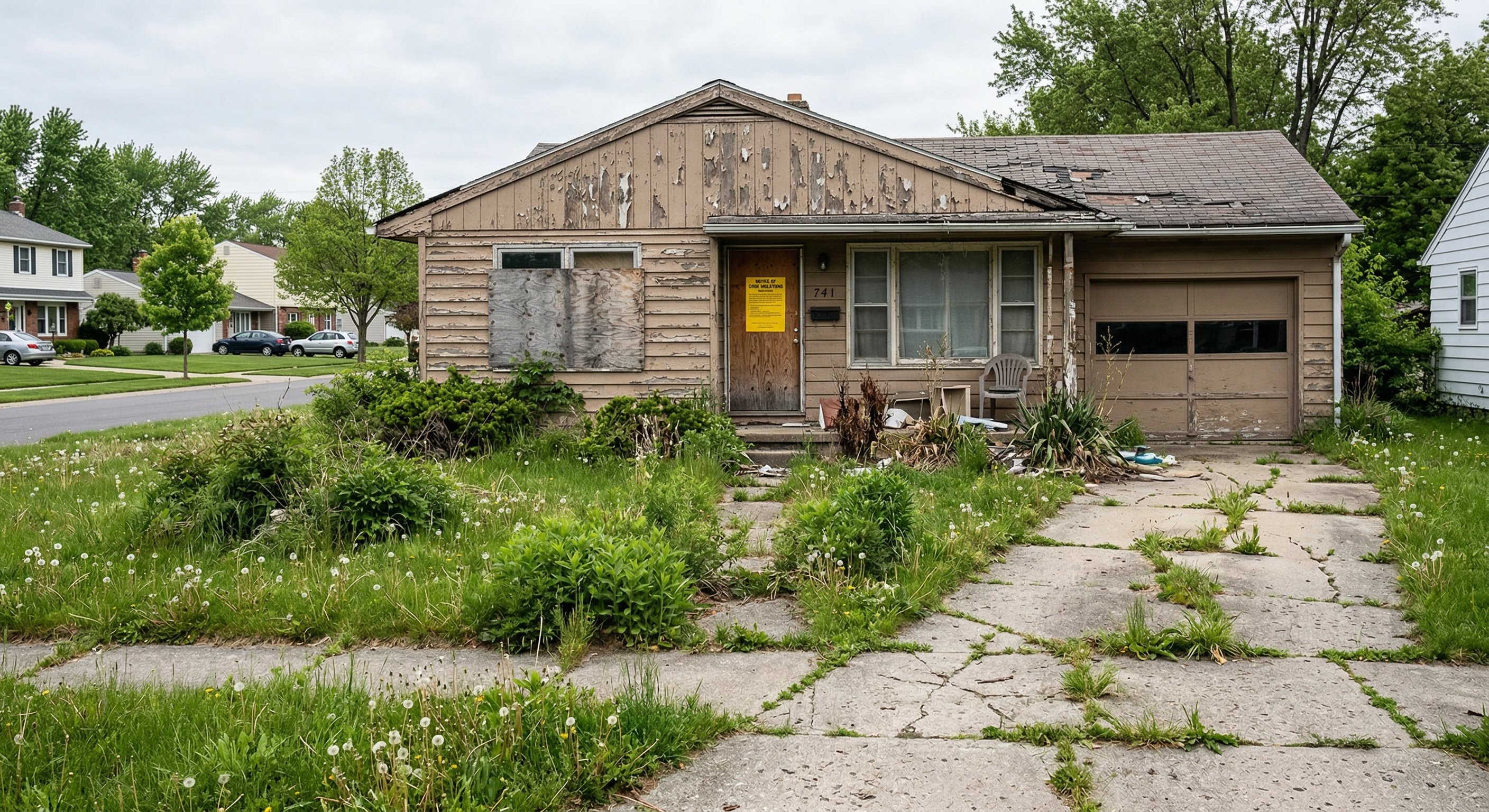 An older single-story home with overgrown yard, peeling paint, and a code enforcement notice on the front door, street-level documentary photograph