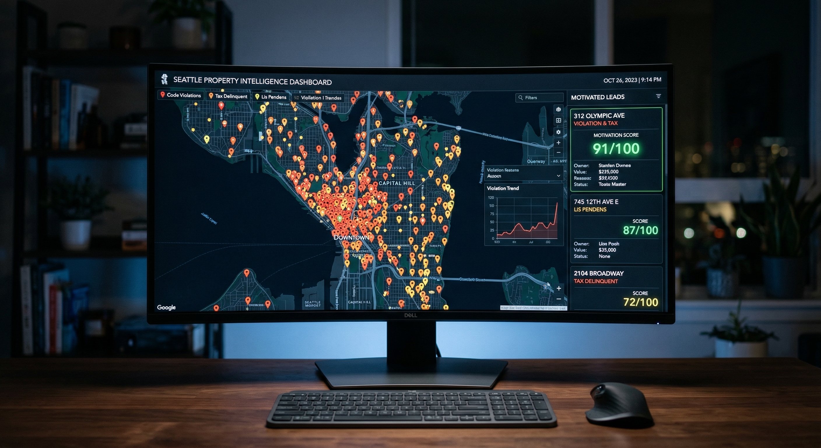 Stylized dark-theme real estate dashboard on a monitor showing a property map with colored distress signal overlays — red pins for code violations, orange for tax delinquent, yellow for lis pendens — minimal modern desk setup, screen glow as key light