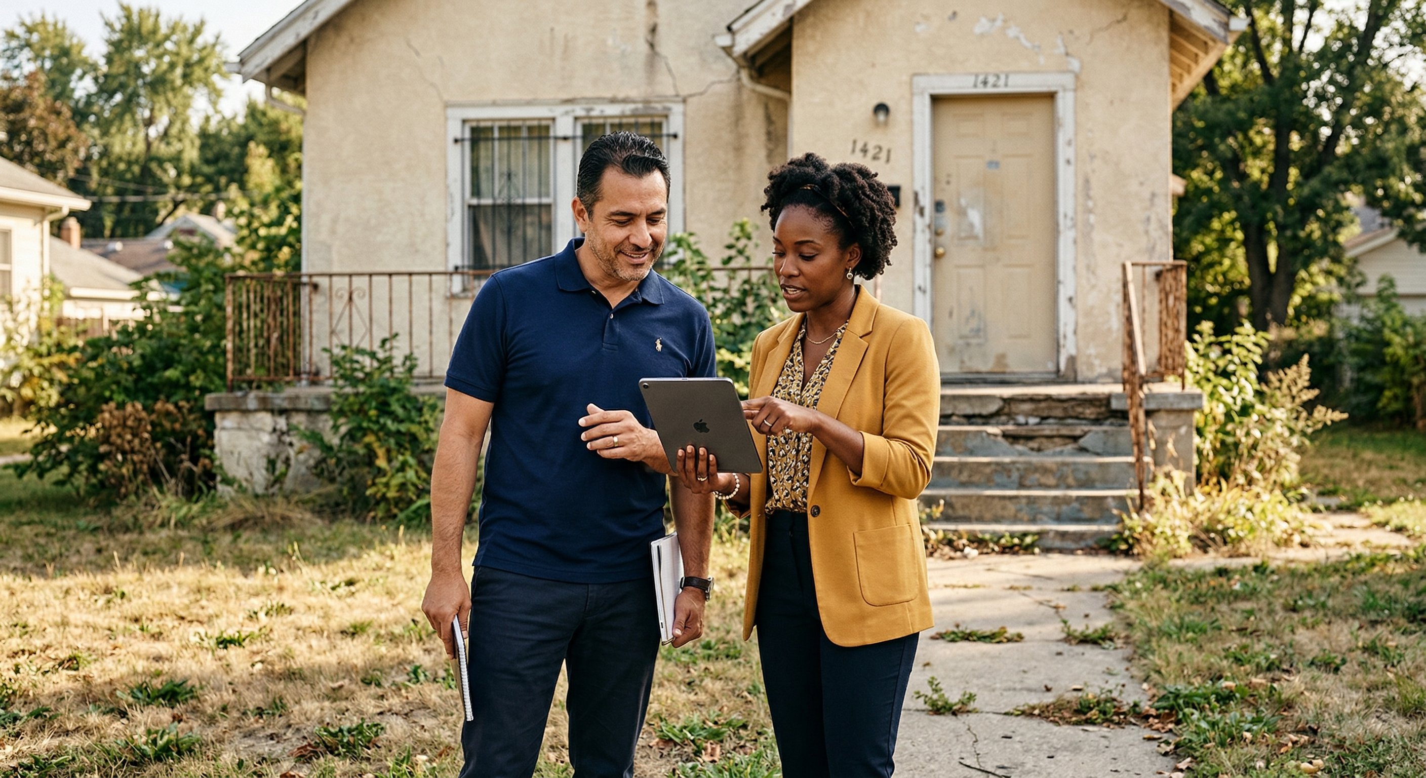 Two investors standing outside a distressed property — an older stucco home with visible exterior damage — reviewing a tablet together at the front of the property, natural outdoor light, photorealistic editorial photography