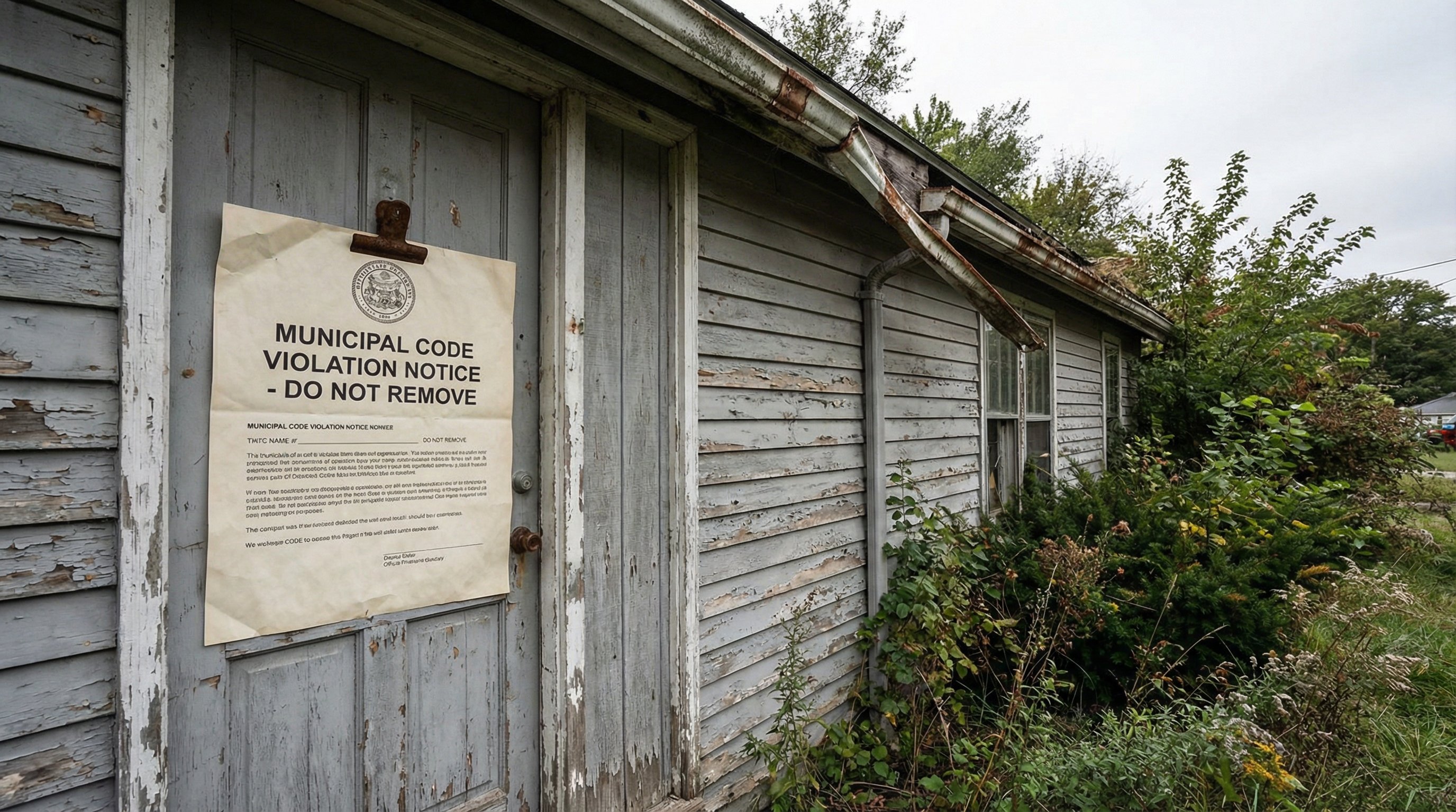 An official municipal code violation notice posted on the front door of a weathered single-family home with peeling paint and overgrown vegetation