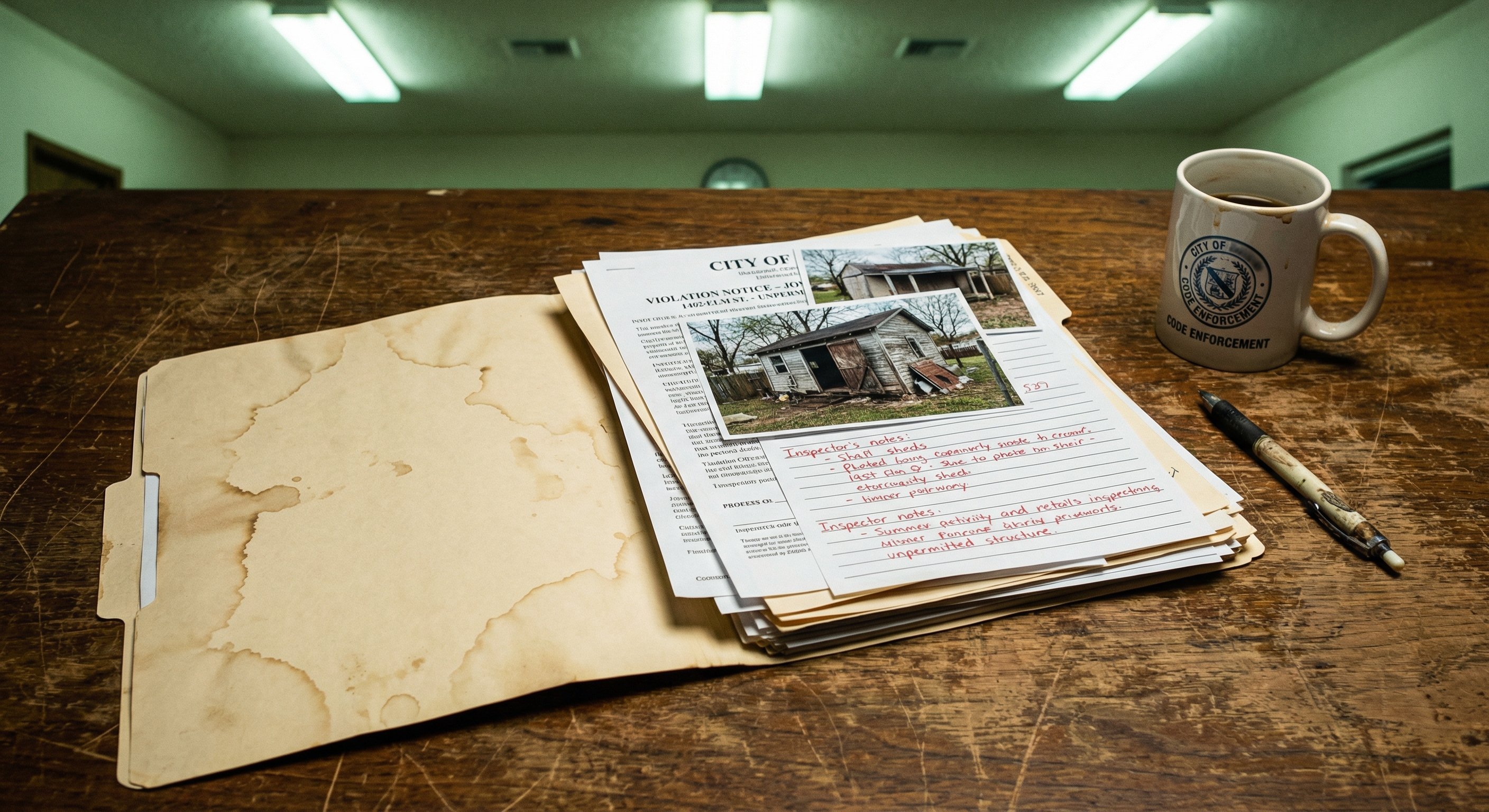 Municipal code enforcement records spread on a worn wooden desk with violation notices, property photographs, and inspector notes