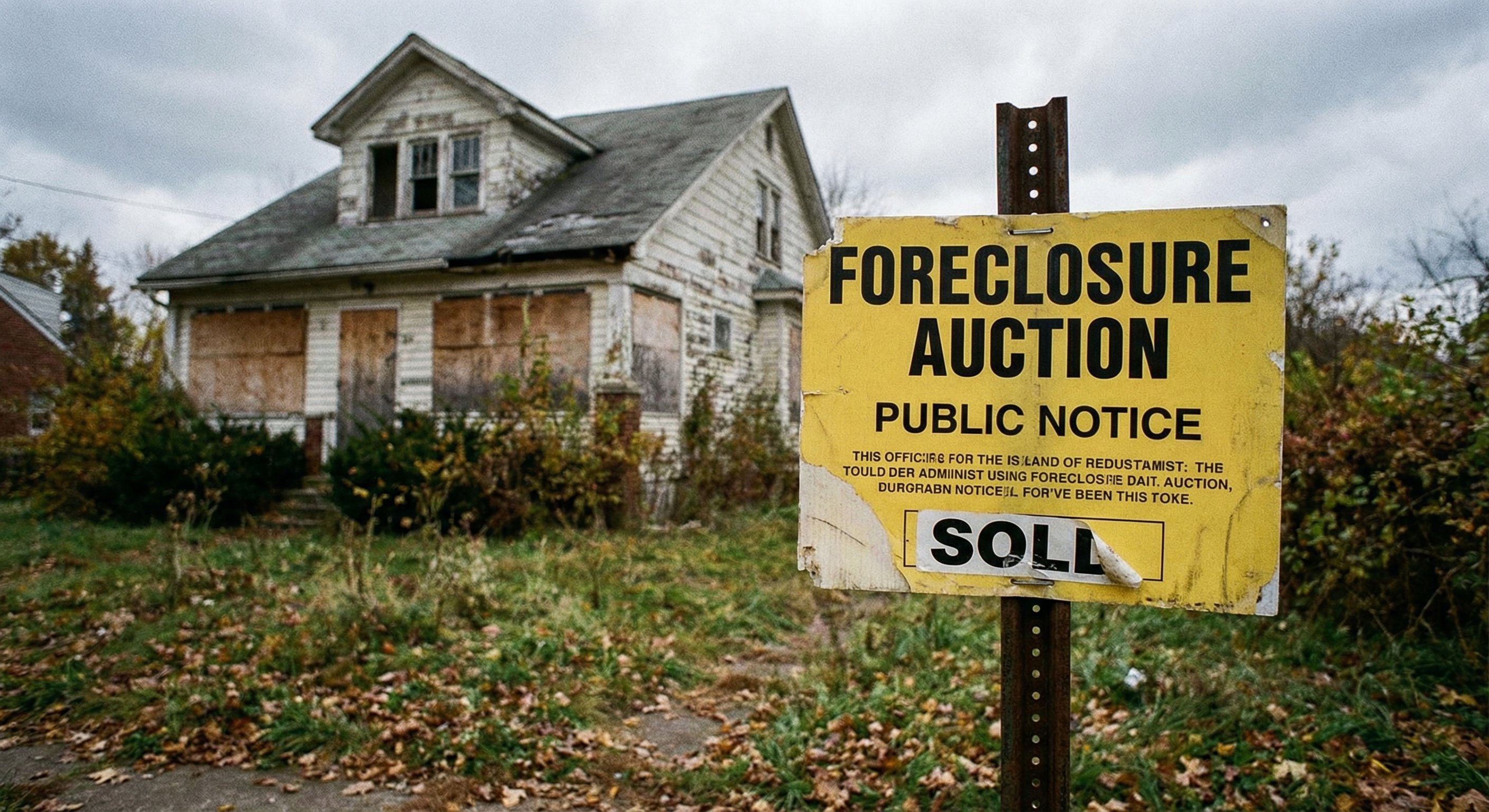 Foreclosure auction sign in front of a distressed residential property with boarded windows and overgrown lawn in an overcast setting