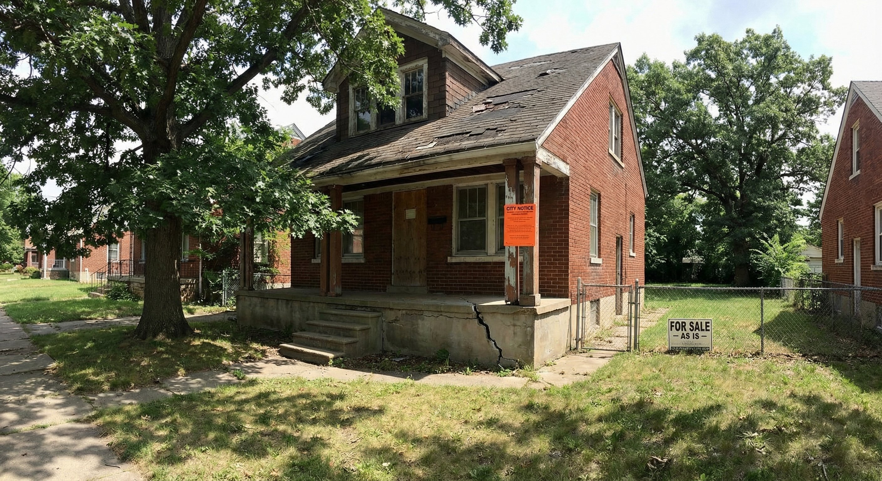 Two-story brick home with visible foundation crack, missing shingles, and a city code notice on the porch post
