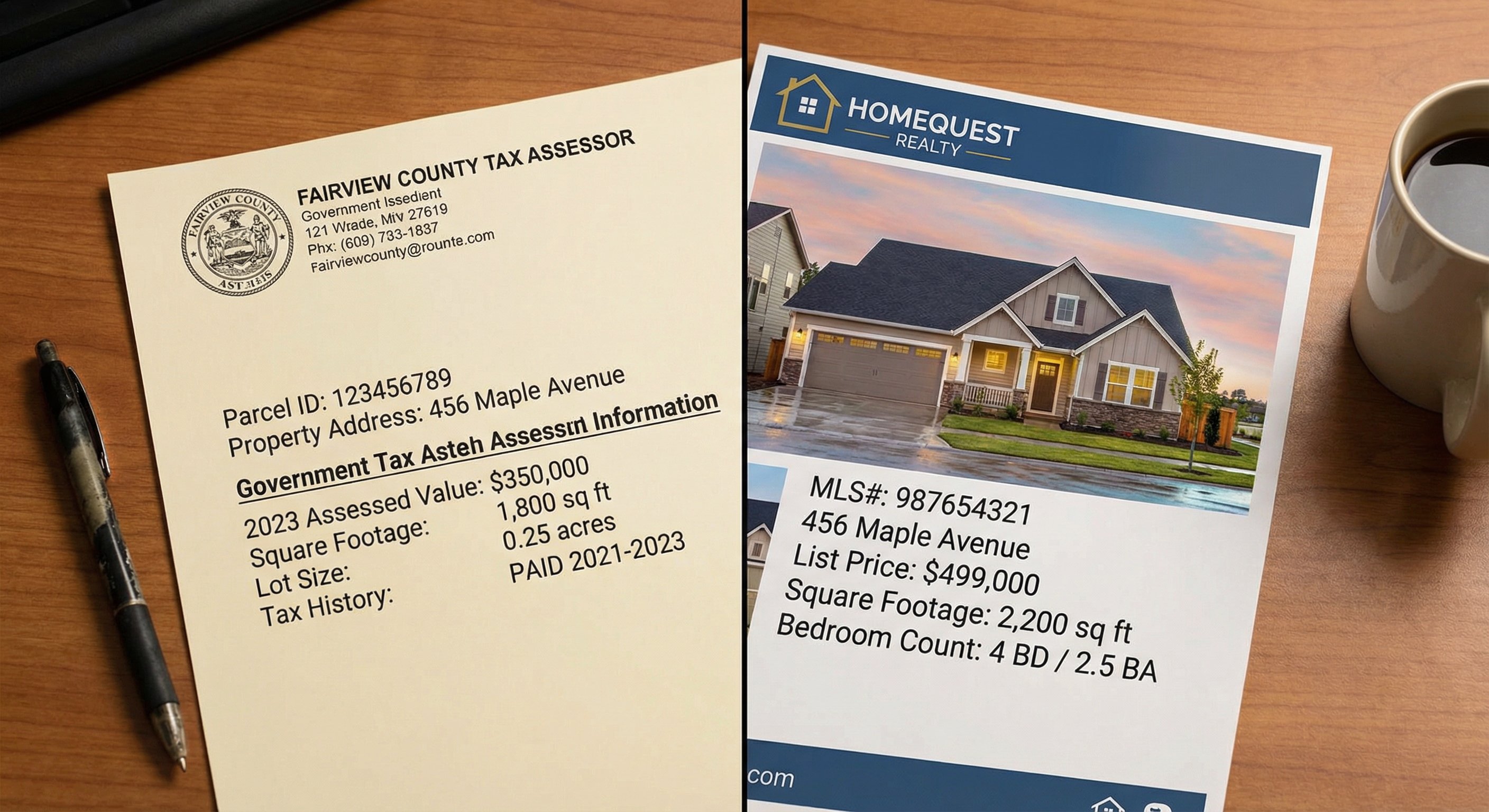 Split-screen showing county assessor document alongside MLS listing with key data discrepancies highlighted