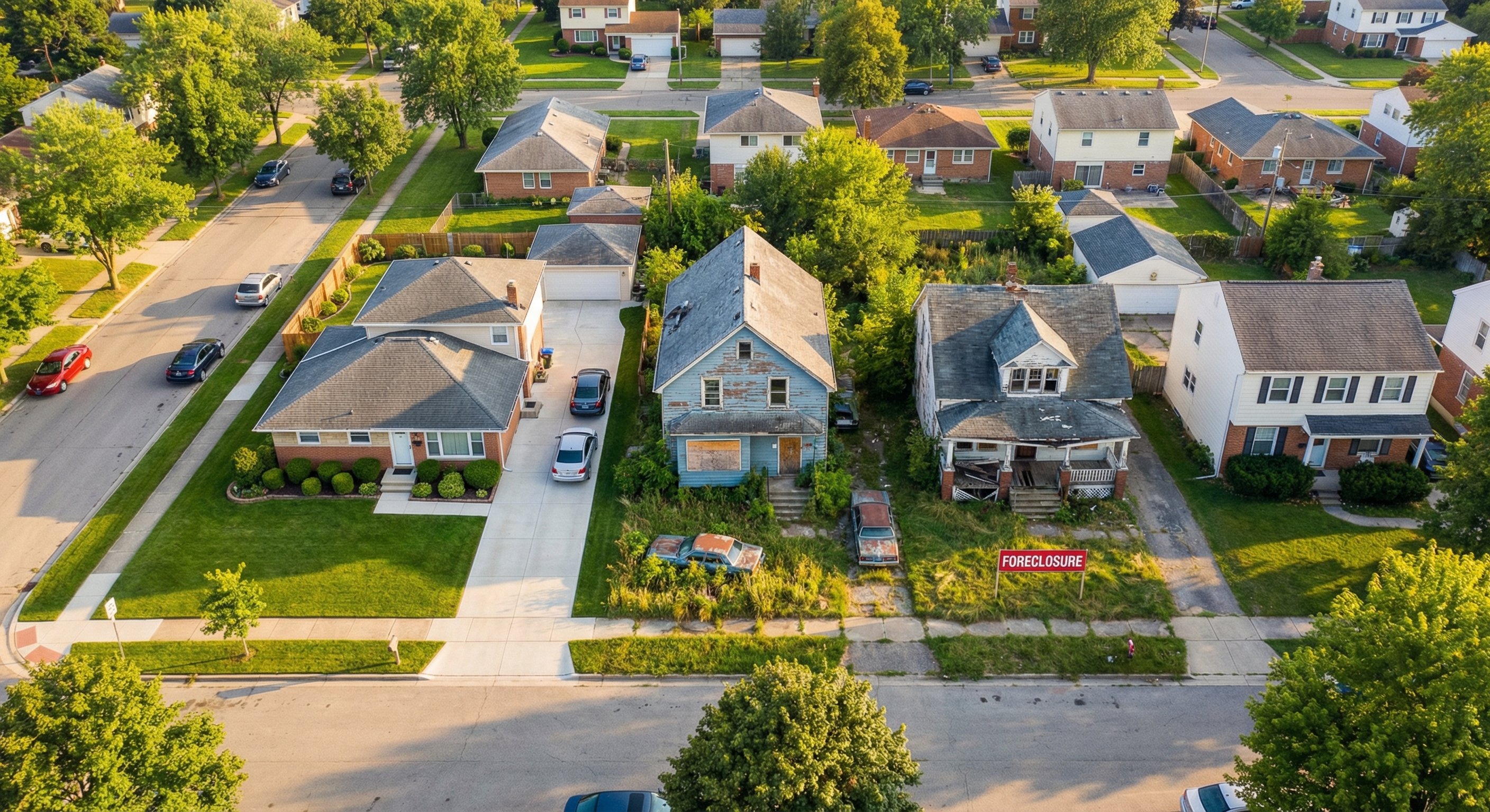 Aerial view of a suburban neighborhood showing varied property conditions from well-maintained to visibly distressed