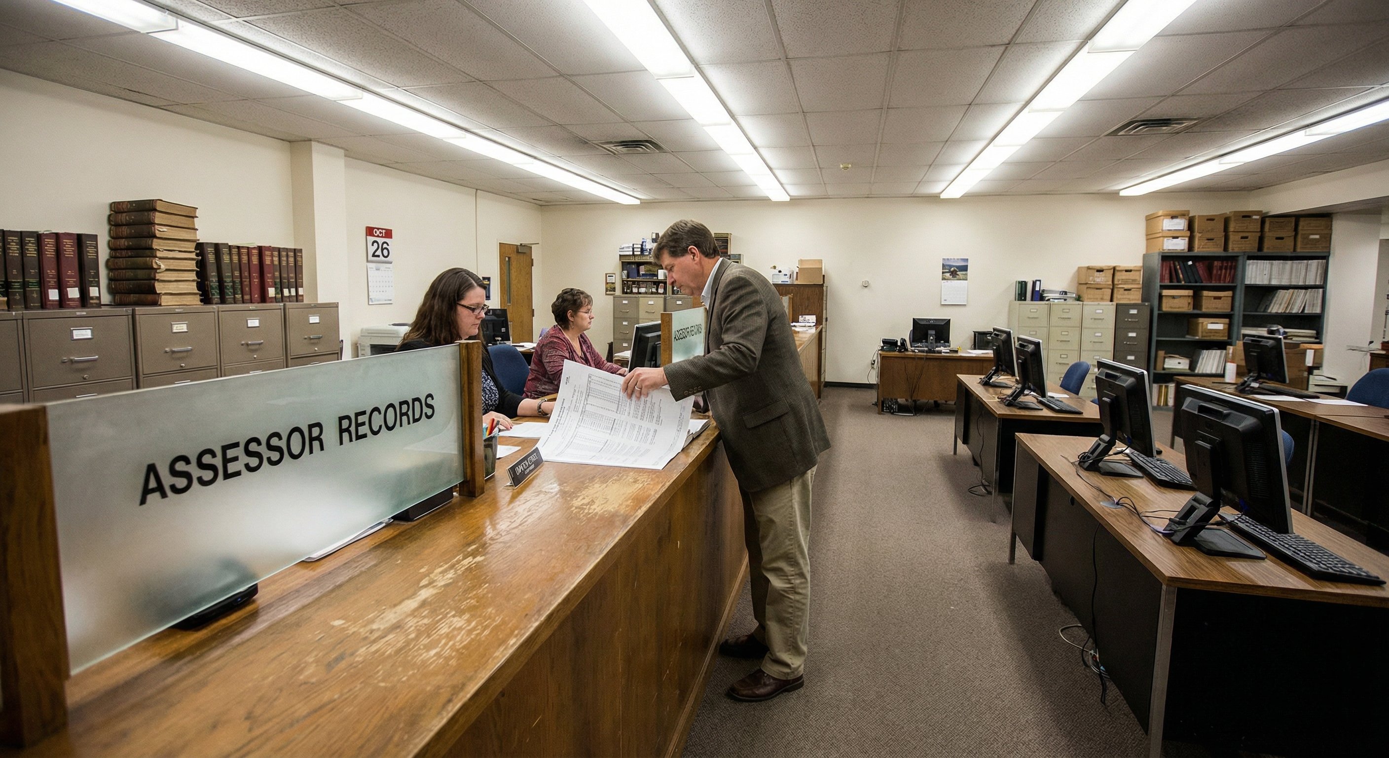 County assessor records office interior with public terminals and official filing cabinets