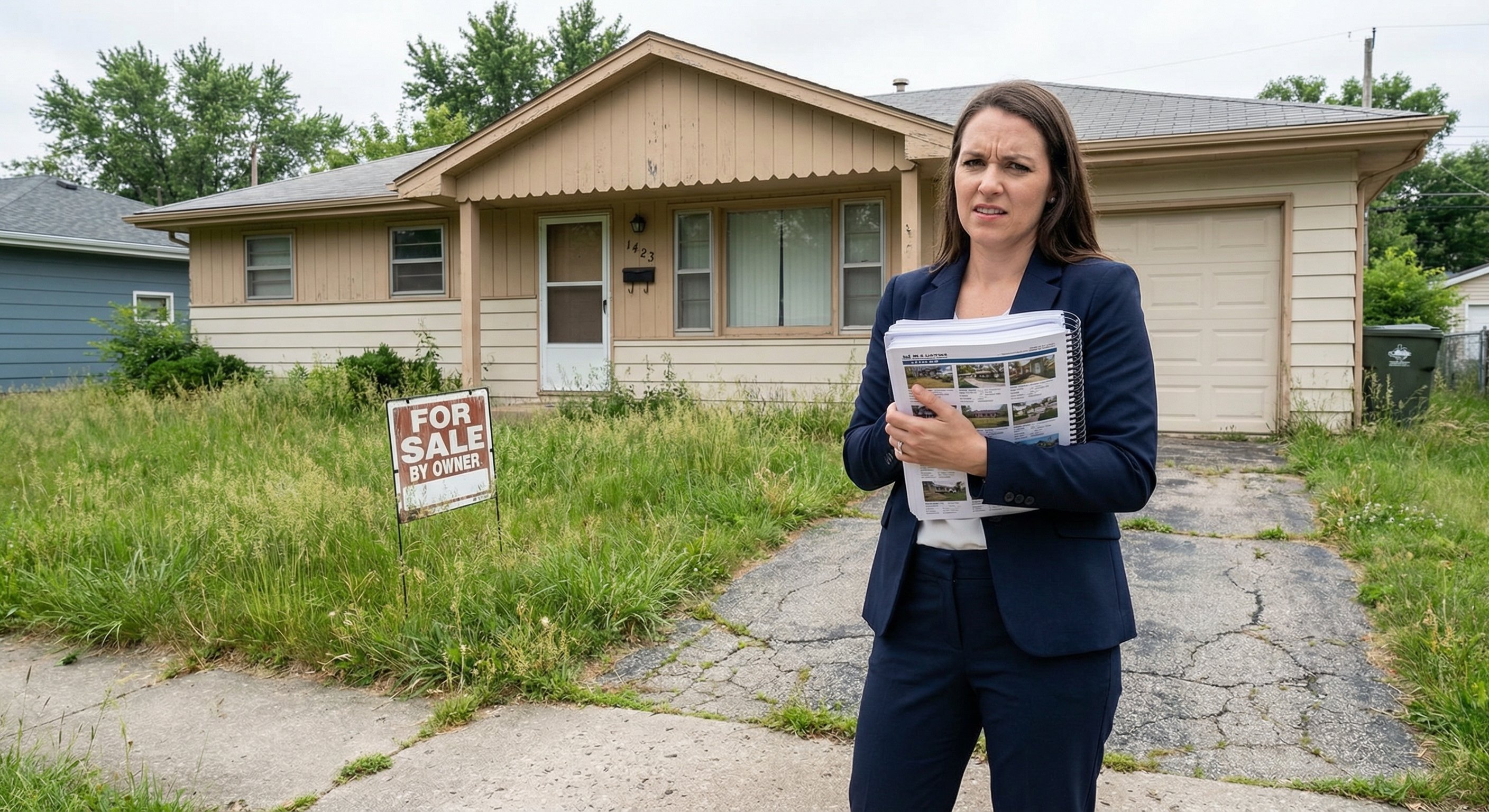 Real estate investor reviewing MLS listing documents outside a property with visible signs of neglect