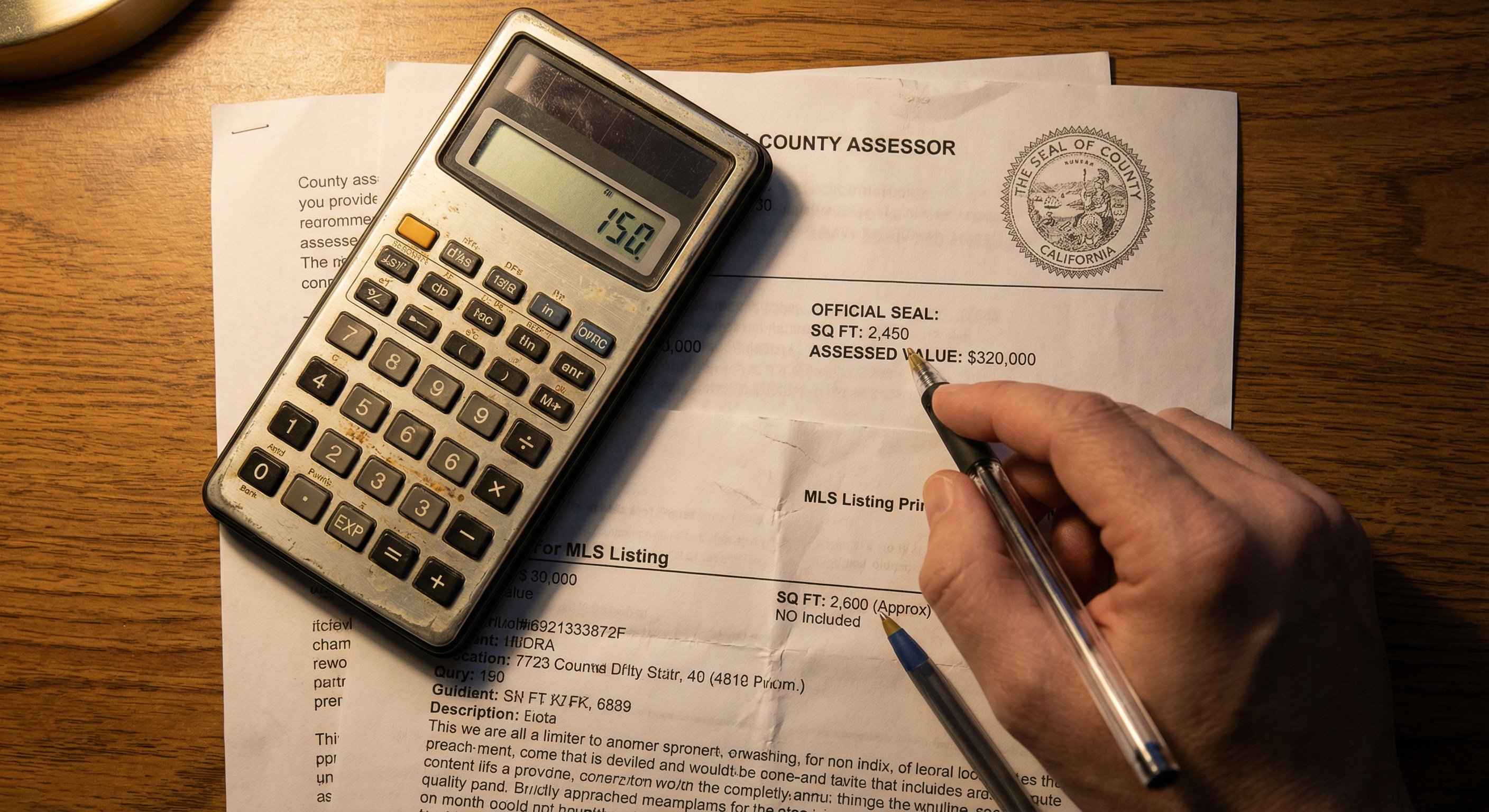Calculator and documents showing county assessor record versus MLS listing with handwritten calculations highlighting data discrepancies