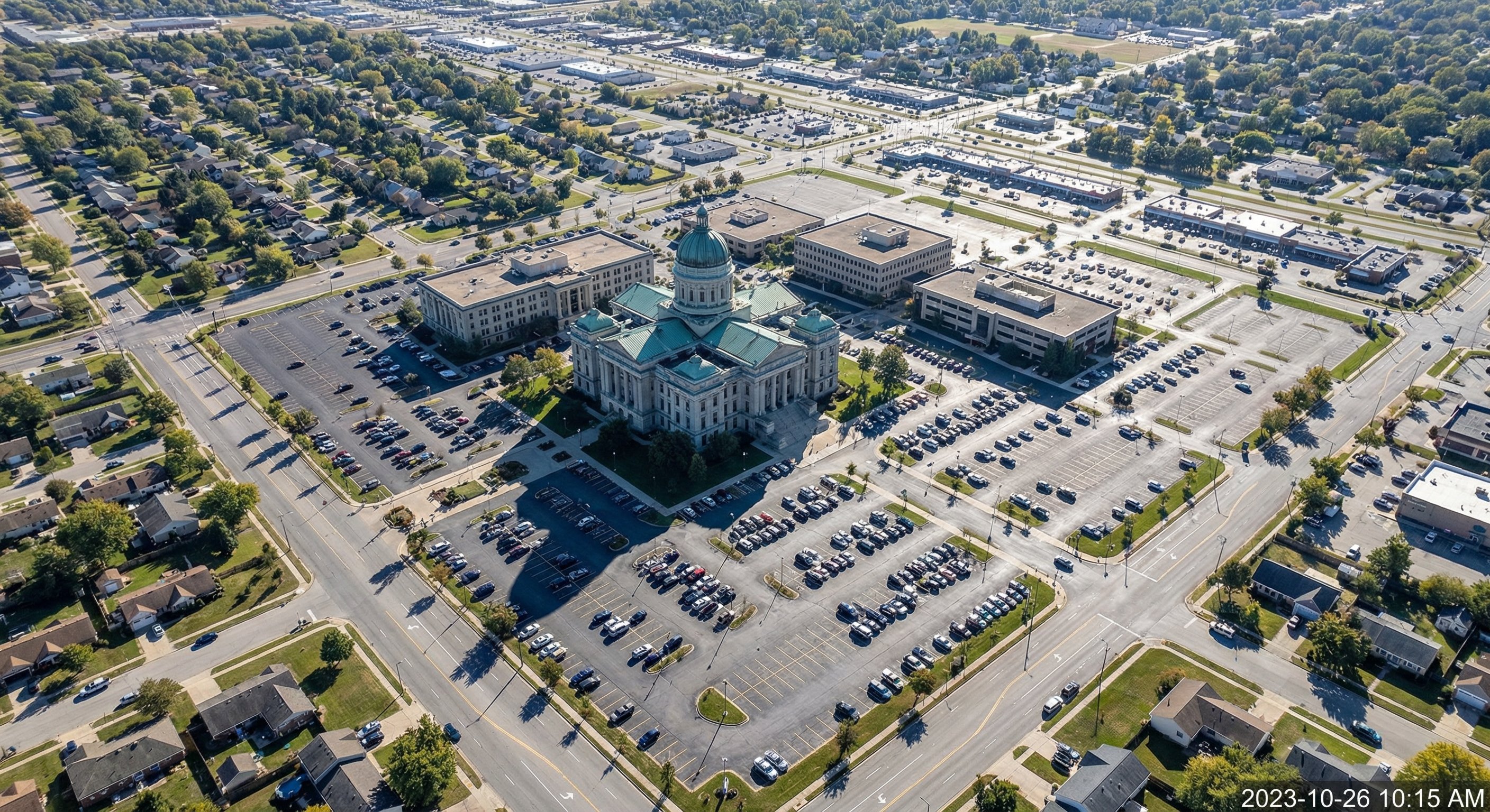 Aerial view of a county government complex and courthouse