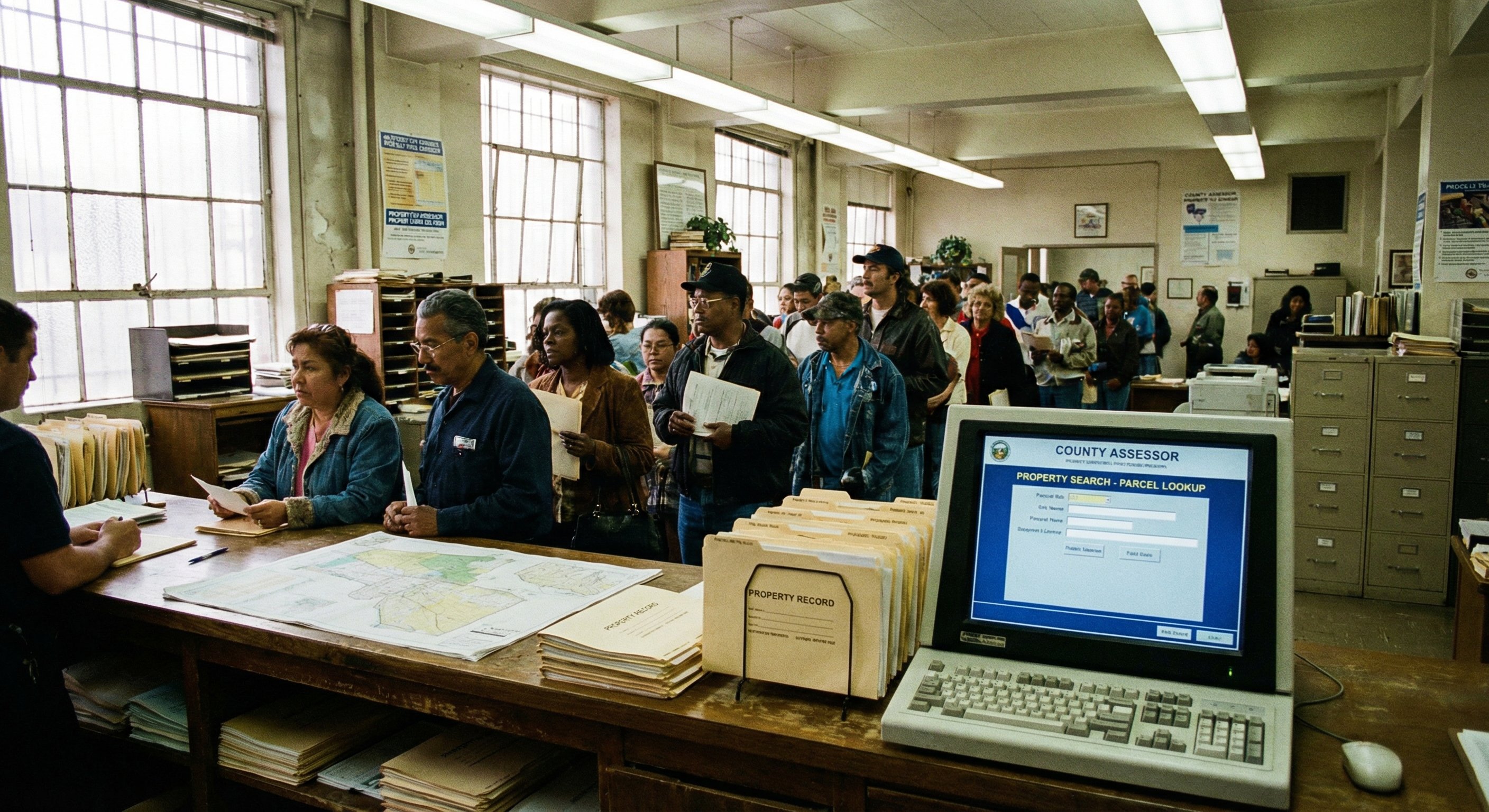 County assessor's office counter with public terminal and property record folders