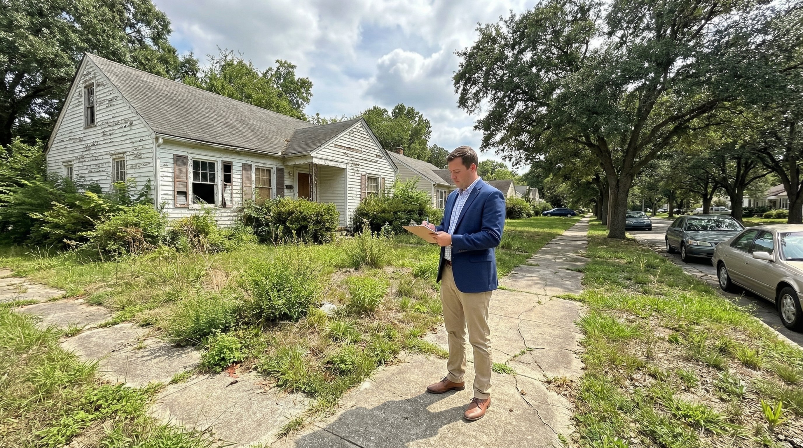 Investor standing at curb with clipboard studying a neglected home exterior