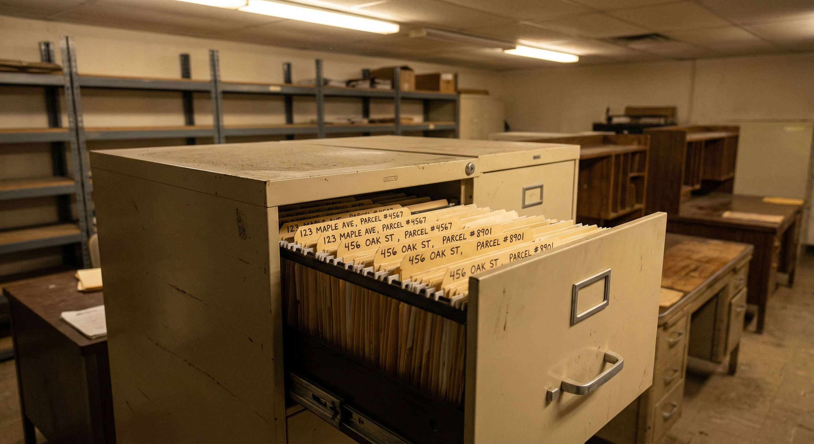 Metal filing cabinet drawer in a county records office with property document folders