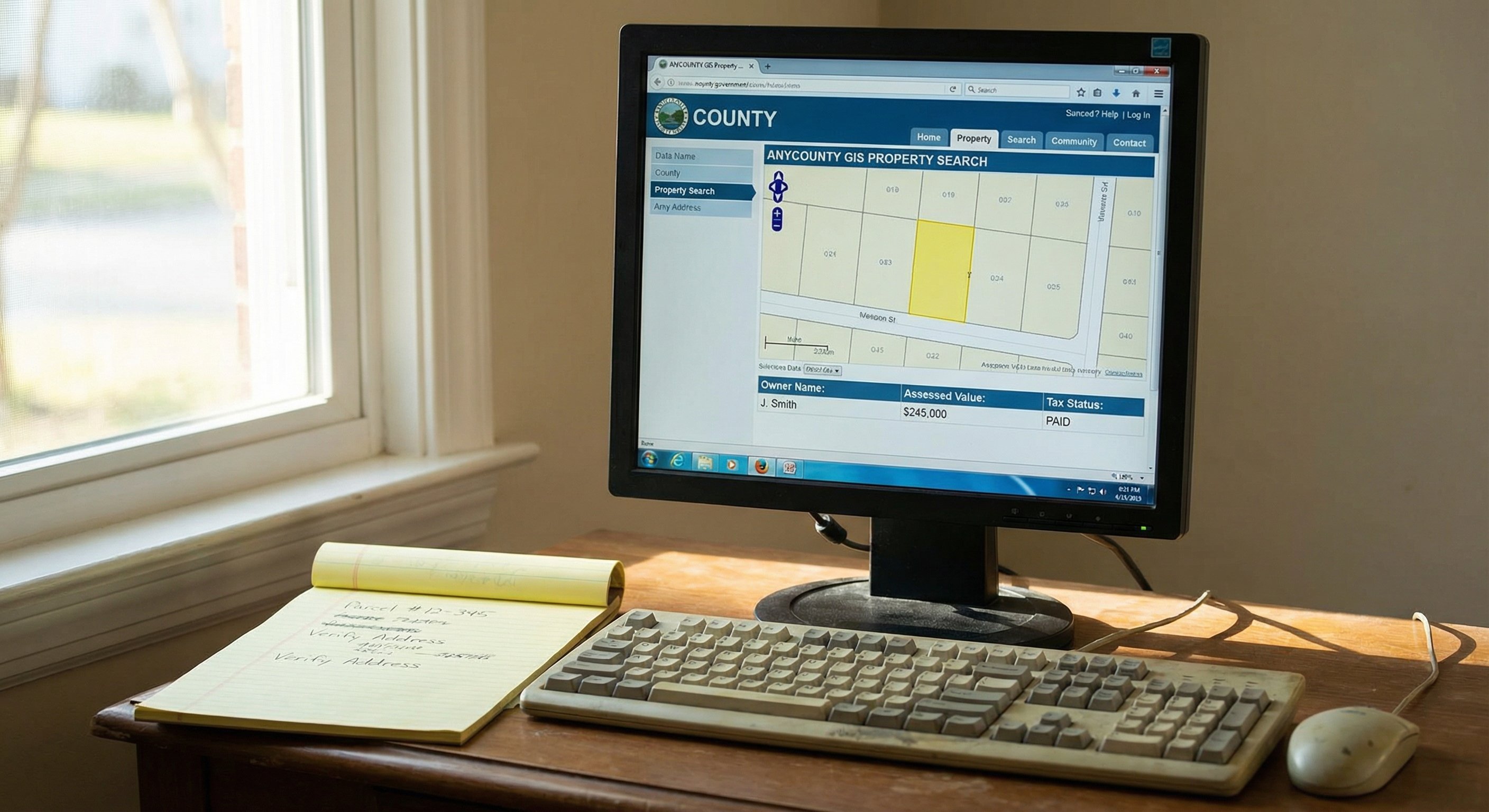 County government website property search on a desktop computer monitor