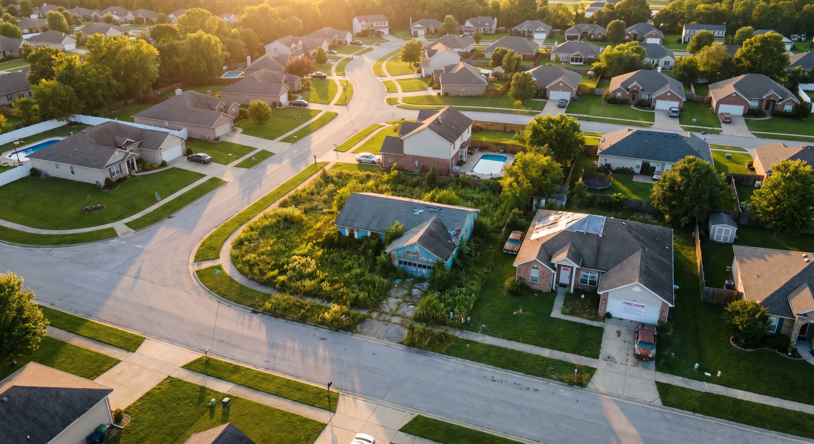 Aerial neighborhood showing suburban homes with distressed properties and foreclosure notice visible