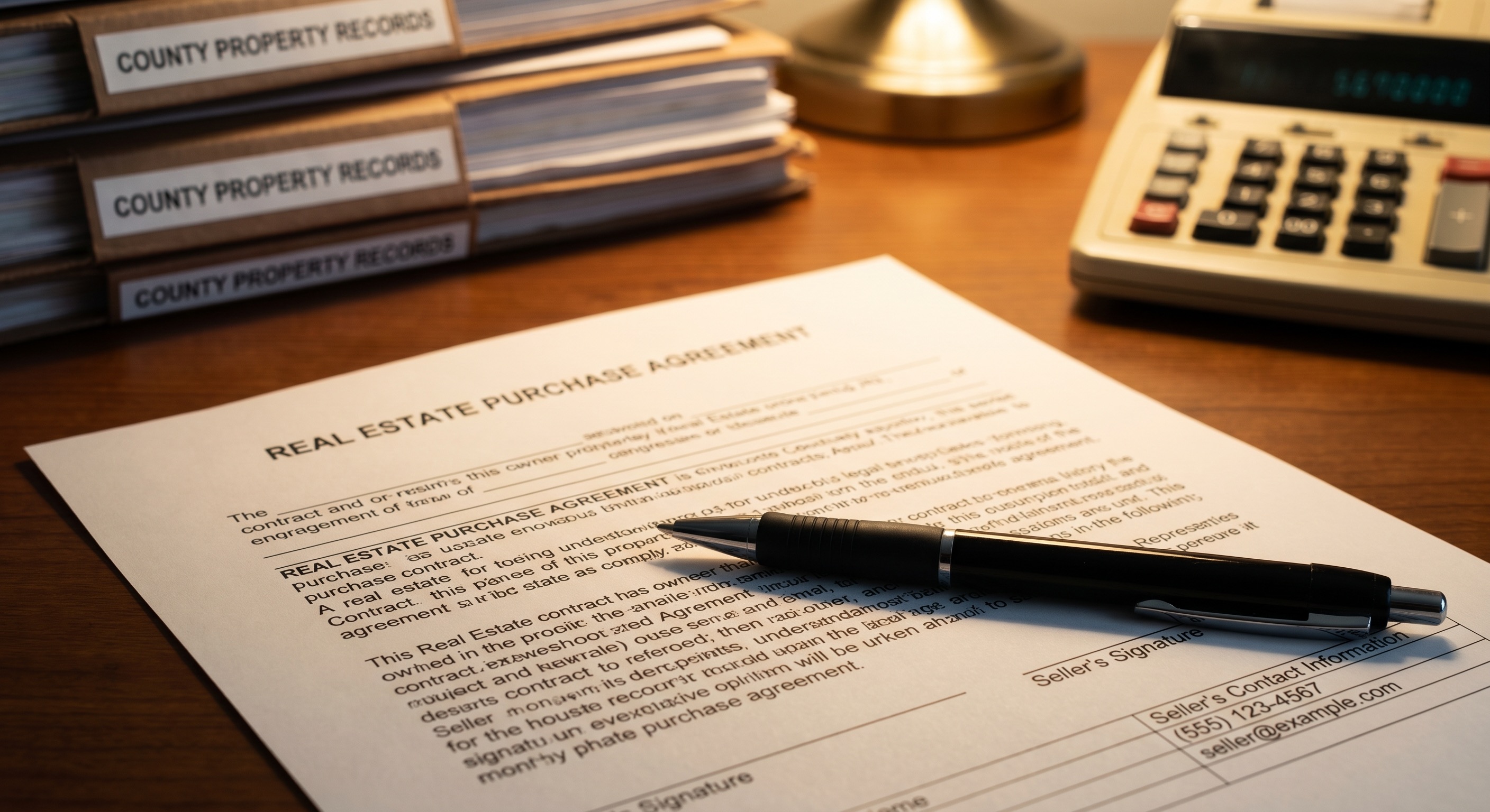 Contract and property records on desk with calculator for deal analysis