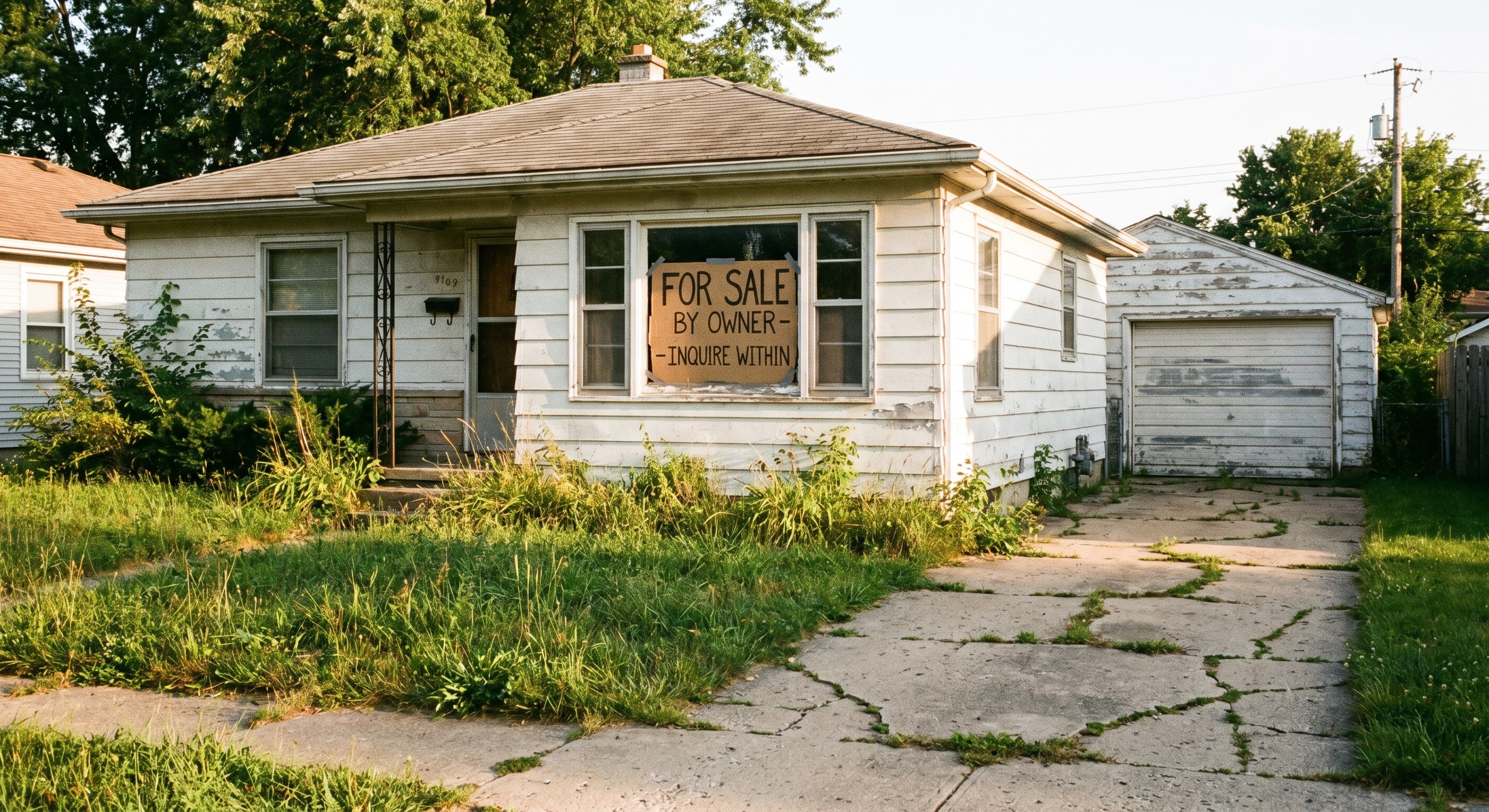 Modest home with For Sale by Owner sign showing motivated seller situation