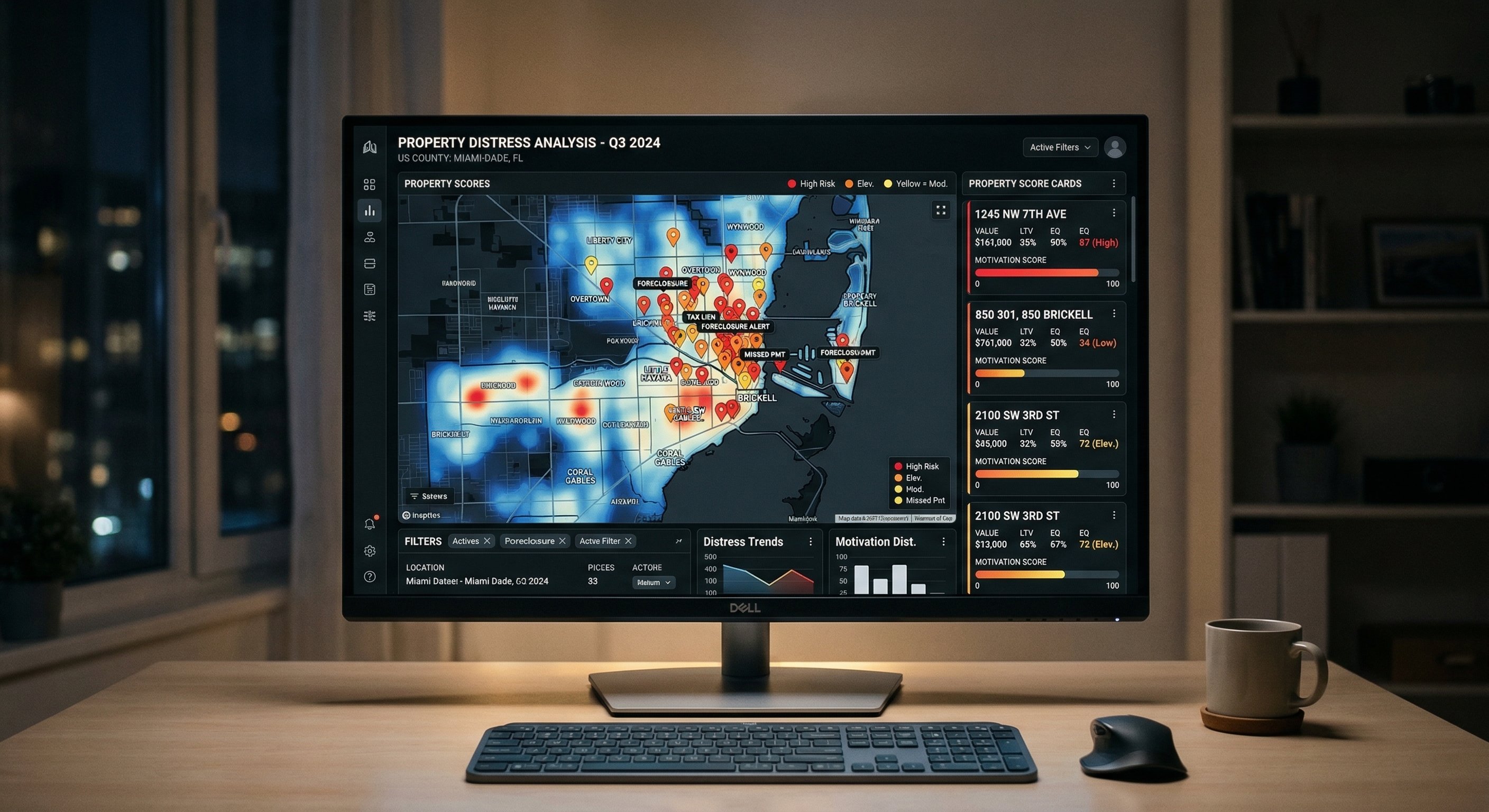 Distressed property data dashboard showing motivated seller leads scored and ranked on a dark UI map