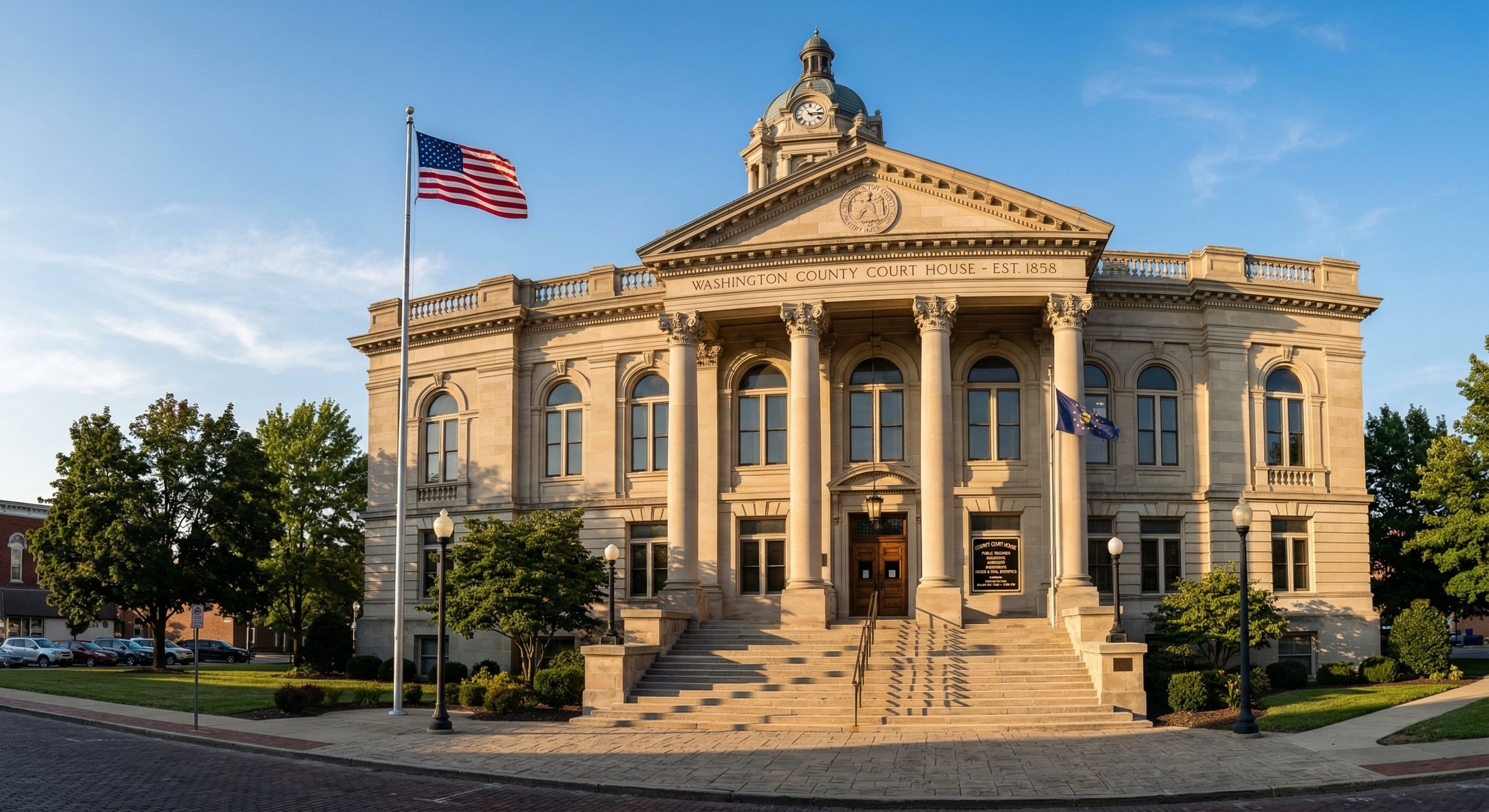County courthouse exterior with public records signage, warm afternoon light, wide-angle documentary photography