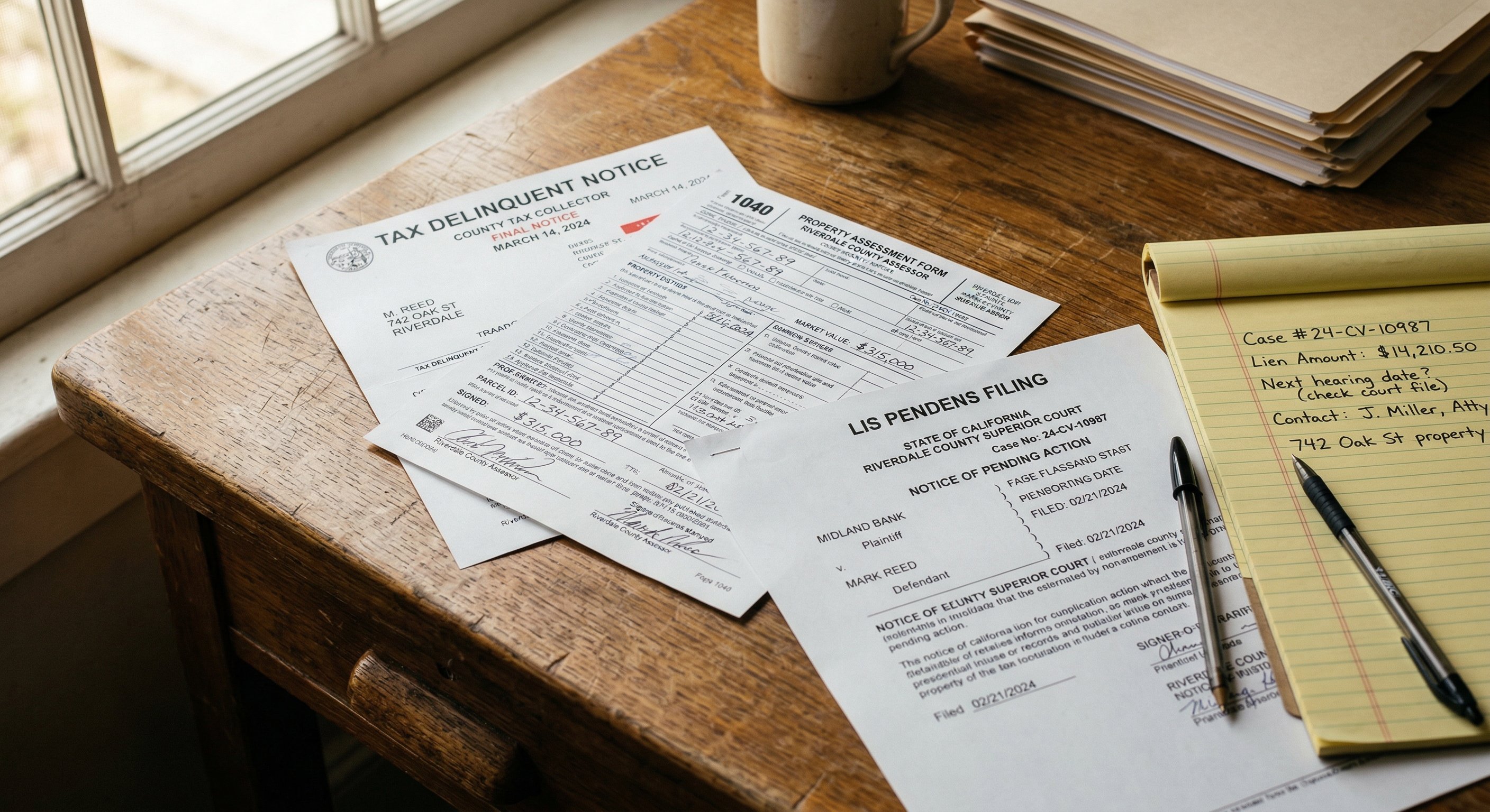 Real estate investor reviewing tax delinquent notices and court filing documents spread on a desk, warm natural light from window