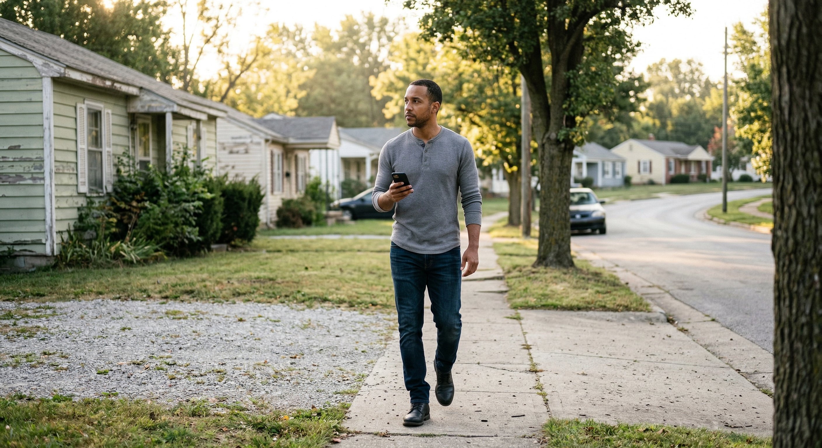 Real estate investor walking a neighborhood street in early morning light, phone in hand, reviewing distress signal data, documentary lifestyle photography