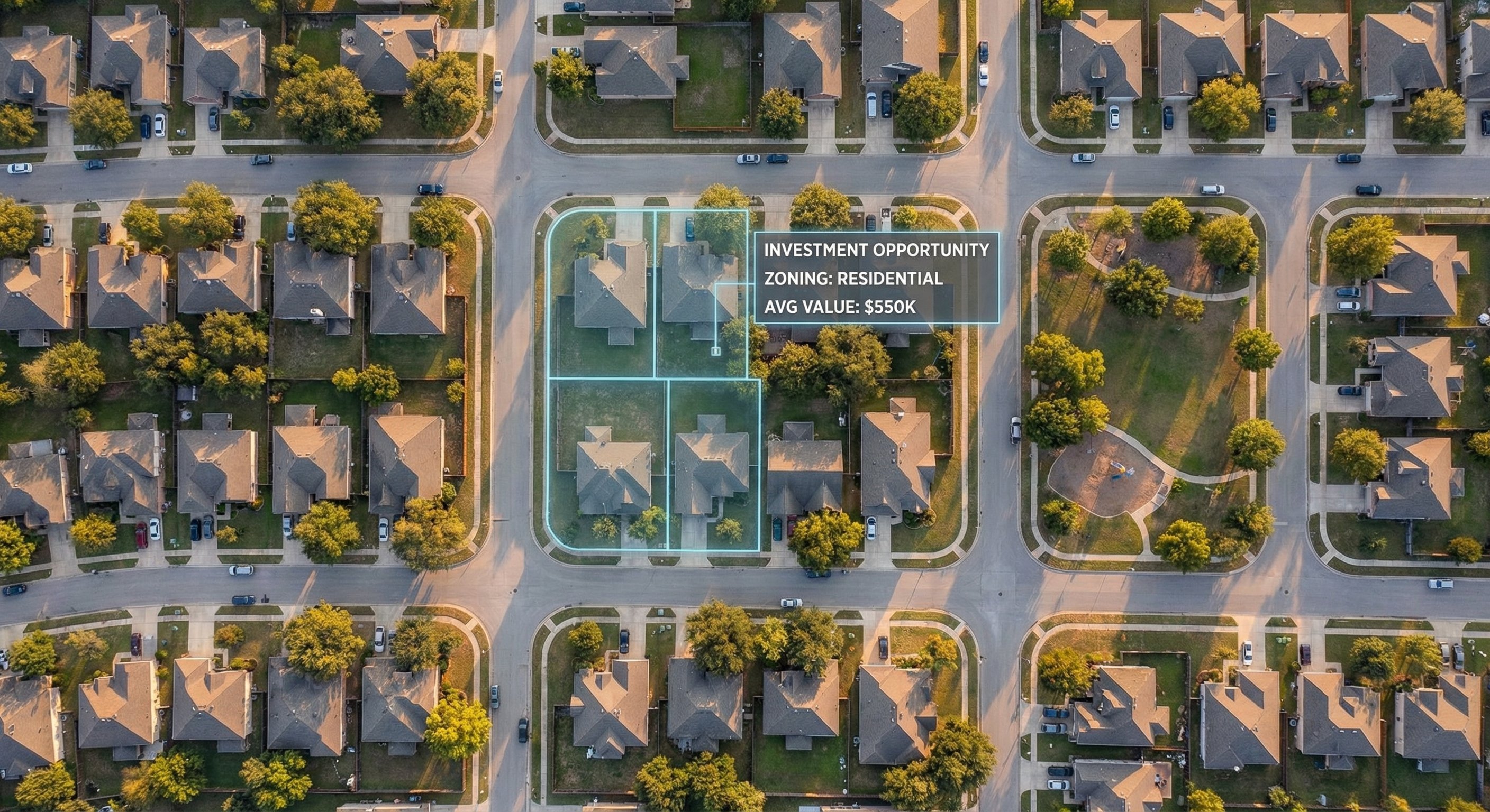 Aerial drone photograph of a suburban neighborhood grid at golden hour, property outlines highlighted in soft overlays showing targeted distressed homes, real estate investment perspective