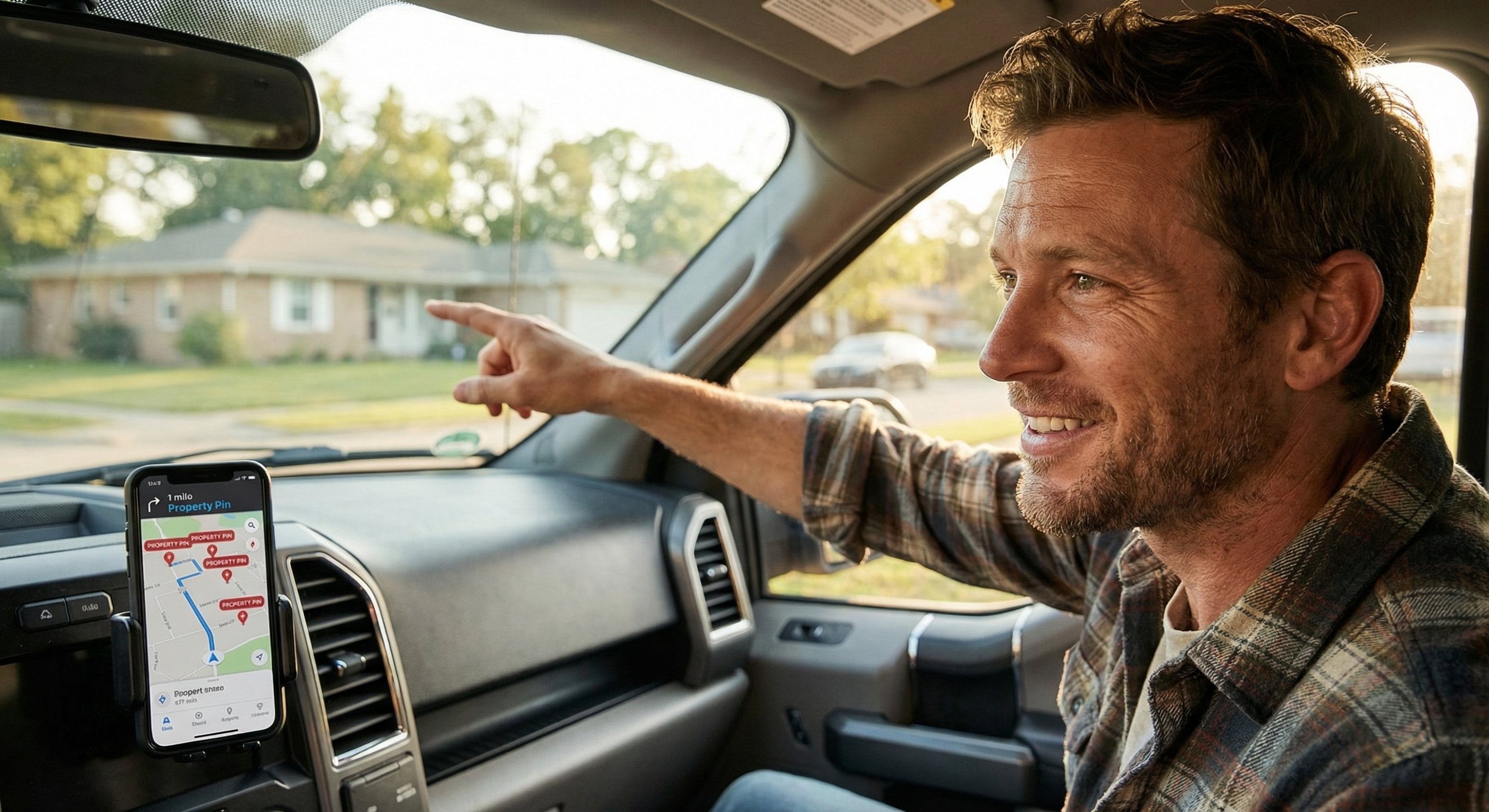 An investor in their mid-30s sitting in a pickup truck, marking a property on a mounted smartphone showing a driving-for-dollars route map, suburban neighborhood visible through windshield, natural afternoon light, photorealistic editorial style, 50mm lens