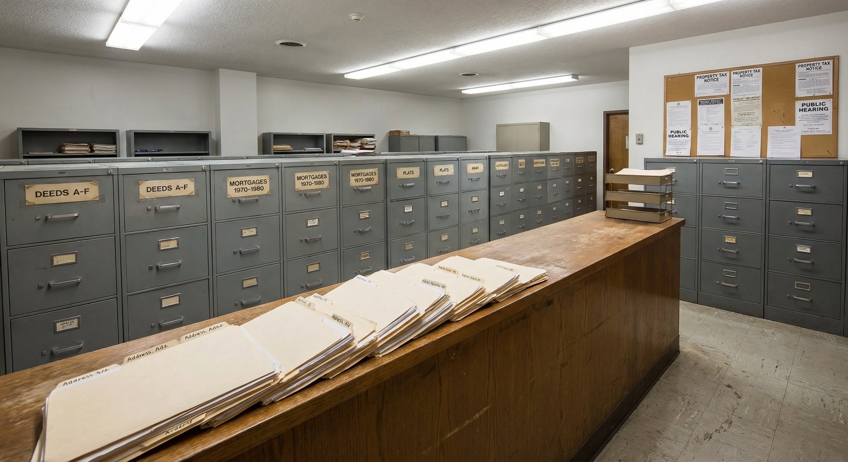 An interior photograph of a county courthouse records office, rows of filing cabinets with official property document labels, fluorescent lighting, institutional furniture, a few manila folders stacked on a counter, documentary photography style, wide angle lens