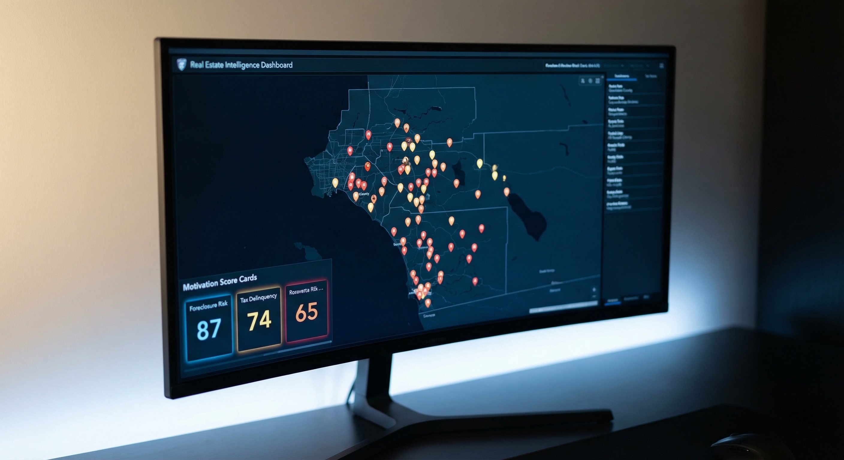 A stylized dashboard visualization on a modern monitor showing a dark-themed real estate intelligence interface with a county map, colored pins representing different distress signal types, and motivation score cards, screen glow as key light, technology product photography, shallow depth of field