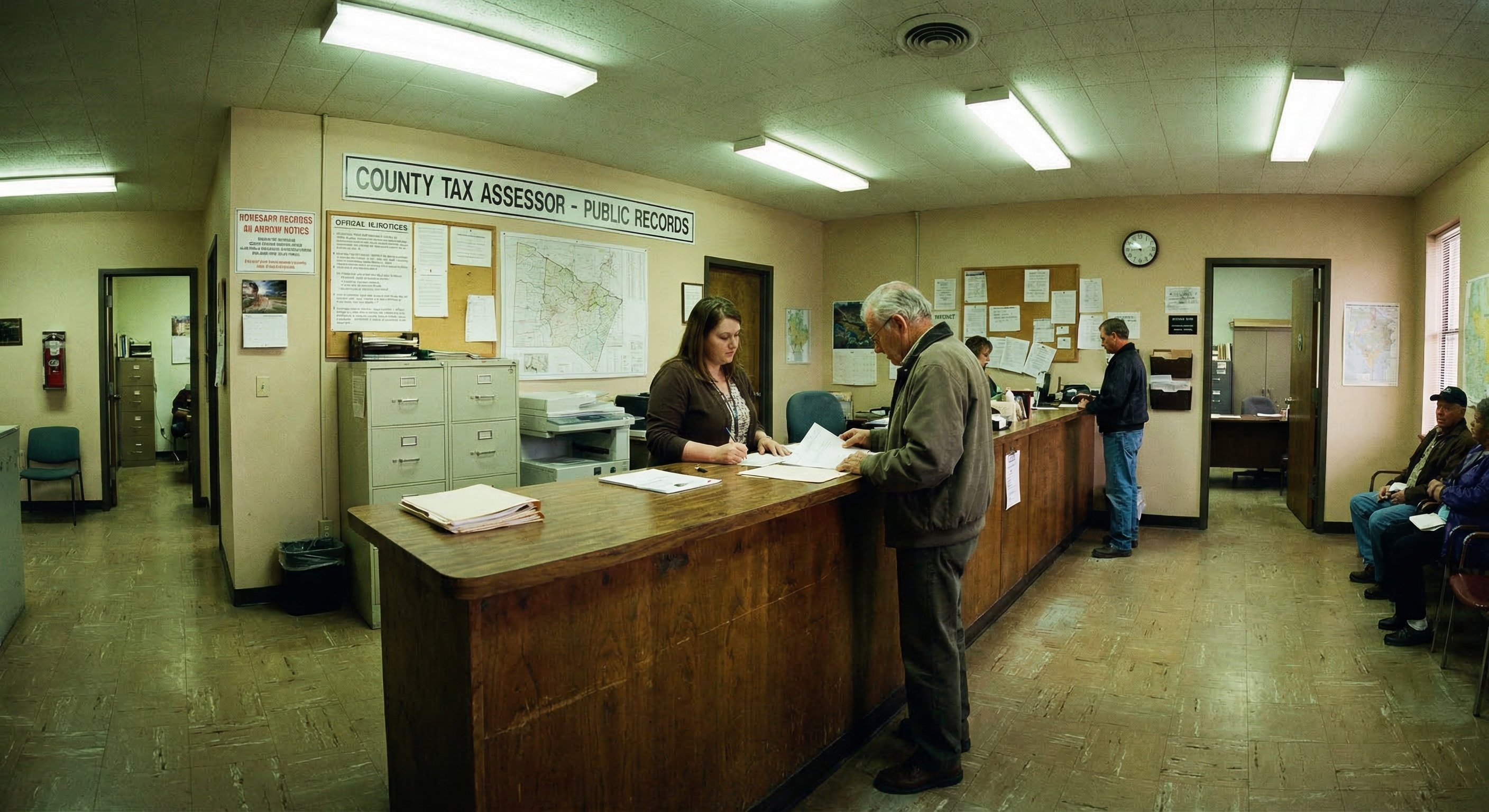 County tax assessor office with public counter and official notices