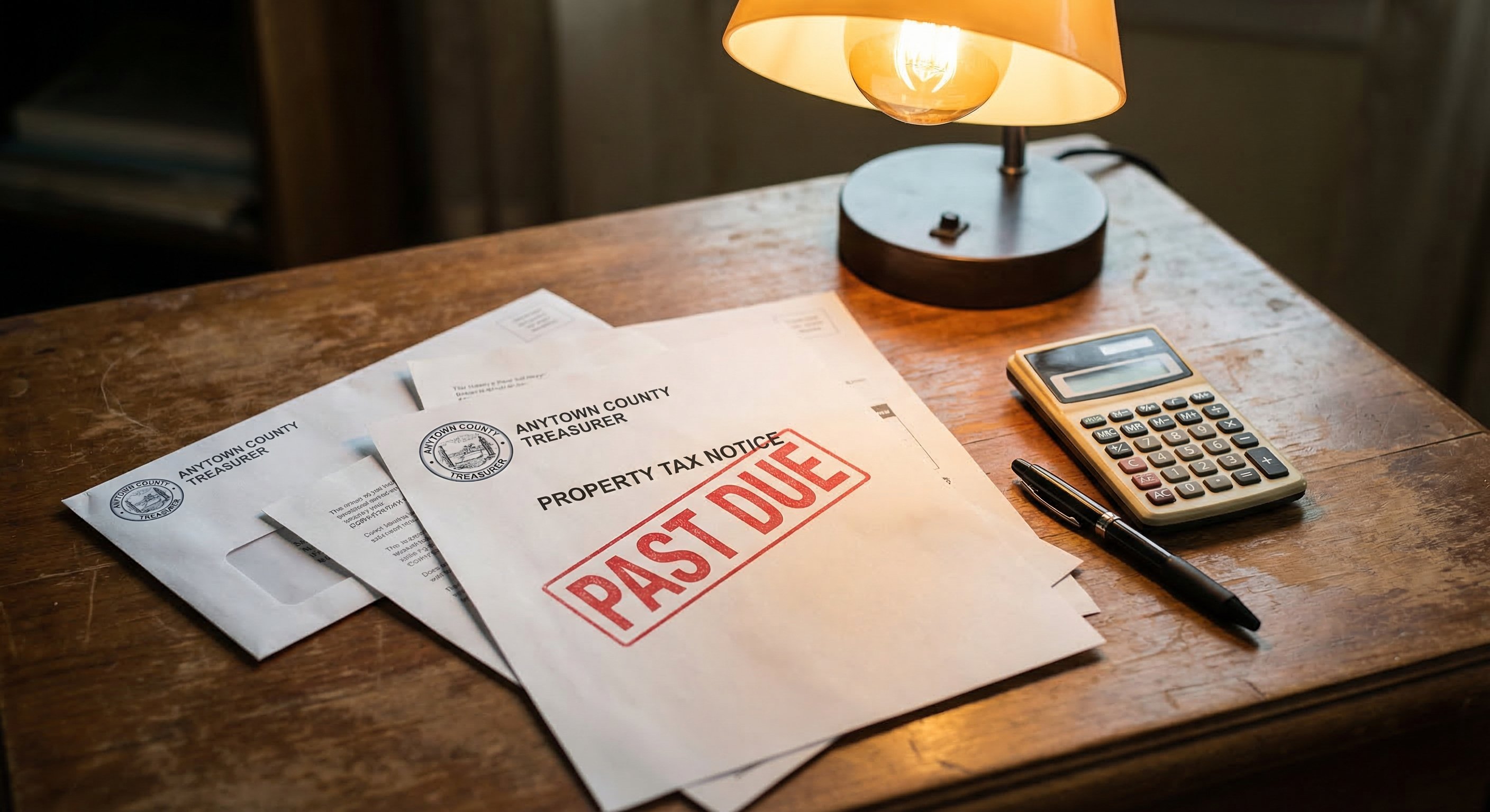 Delinquent tax notices and property tax documents spread on desk